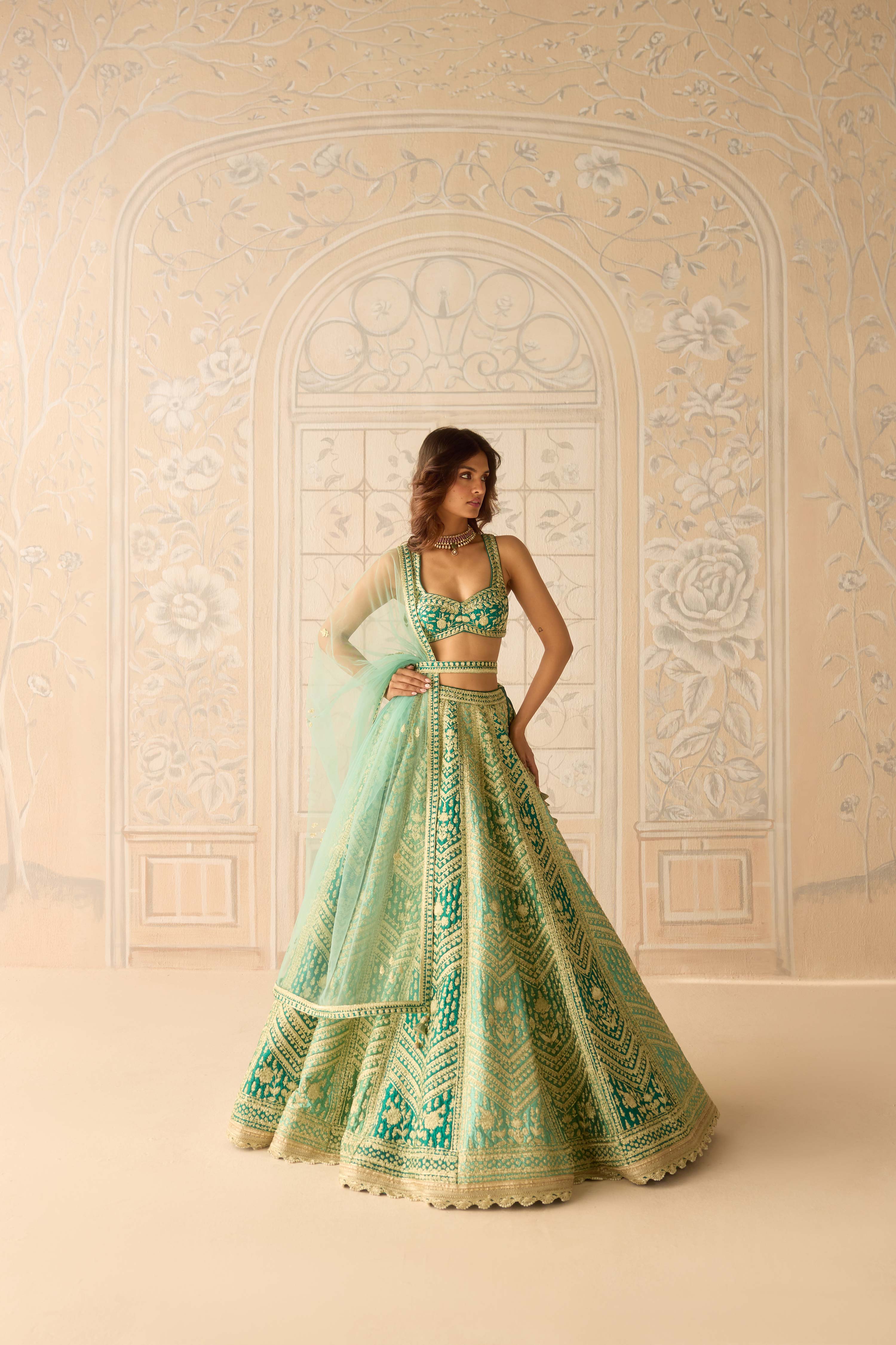 Raw silk mist teal green gold dori embroidered lehenga set with organza dupatta