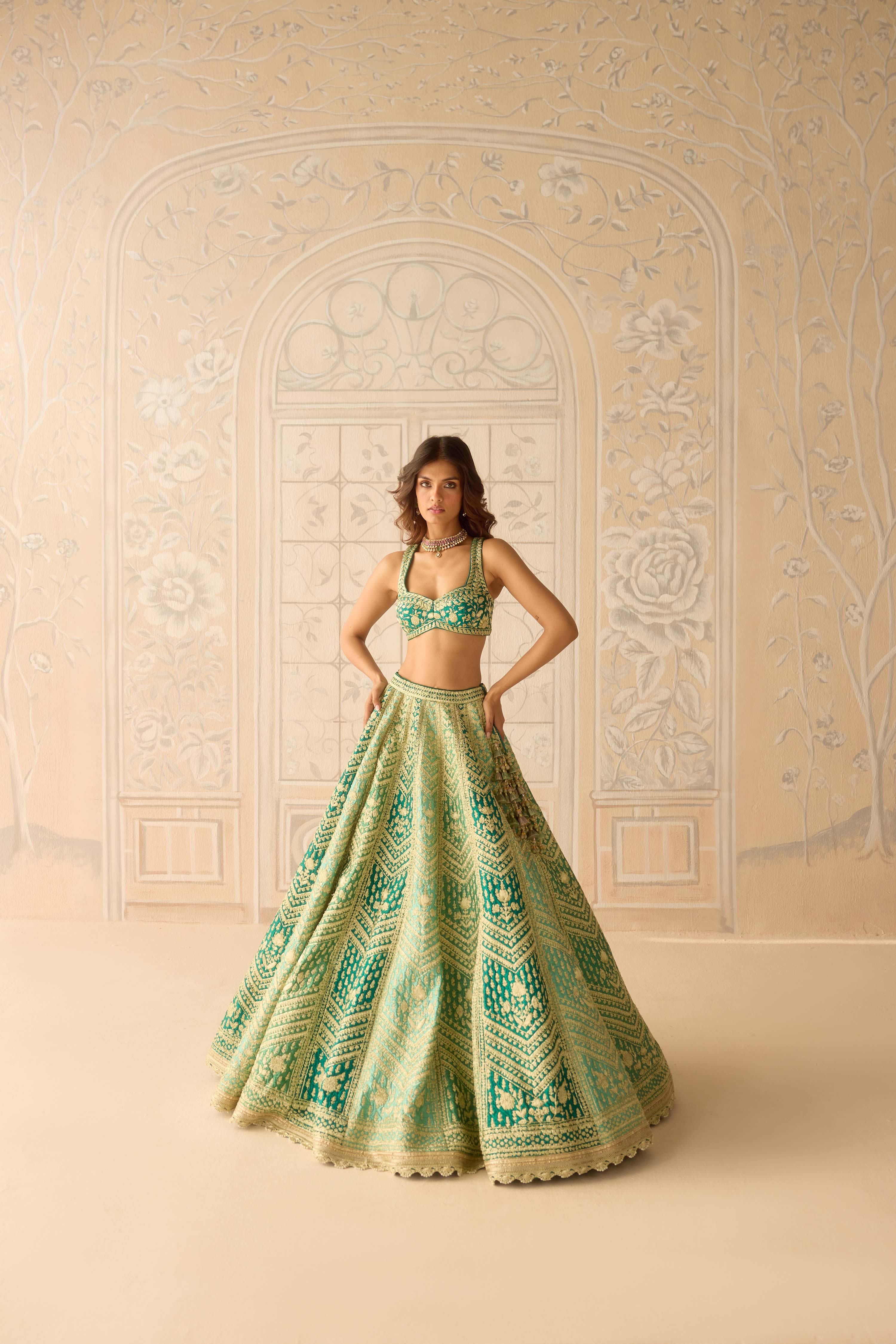 Raw silk mist teal green gold dori embroidered lehenga set with organza dupatta