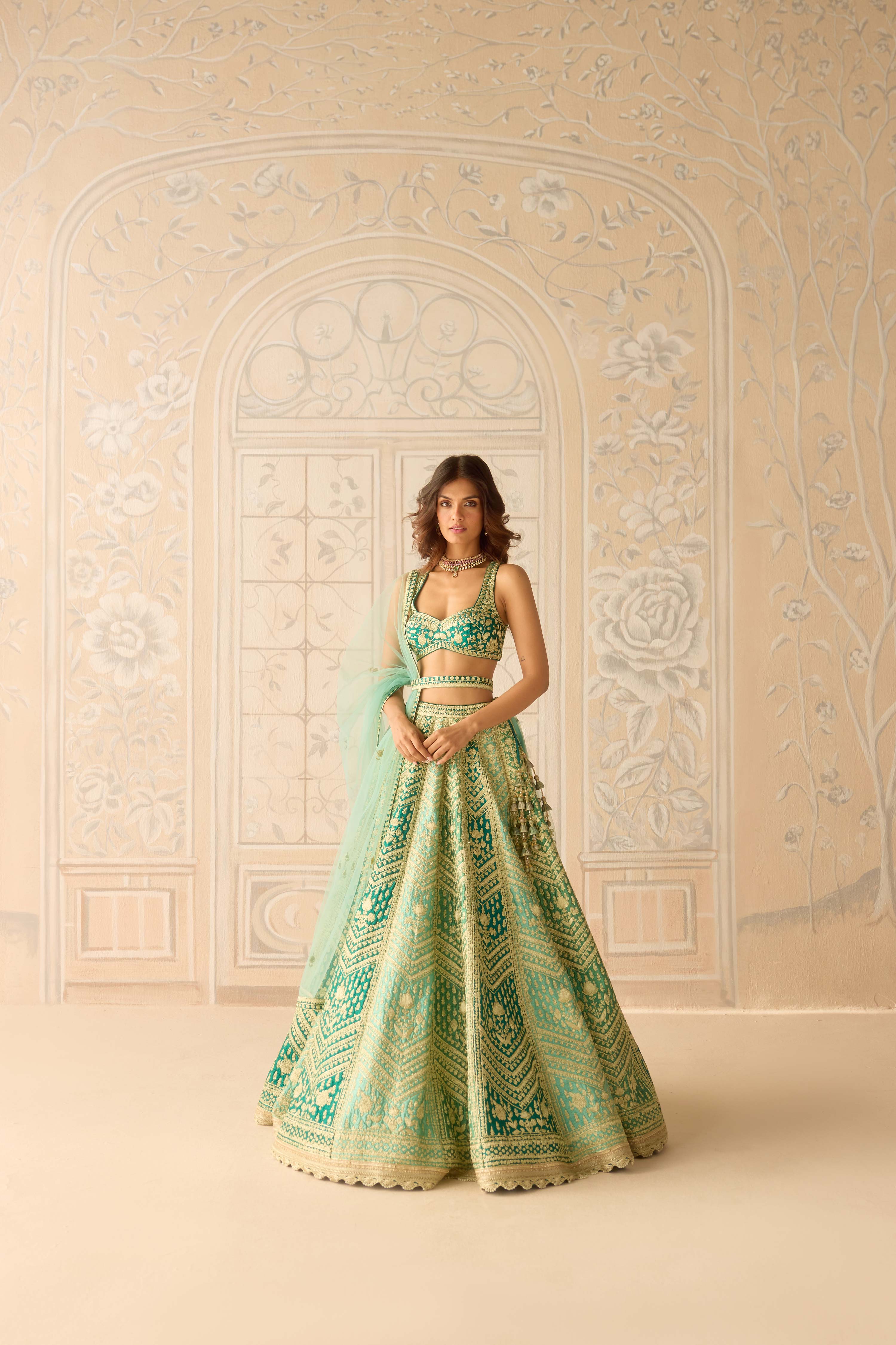 Raw silk mist teal green gold dori embroidered lehenga set with organza dupatta