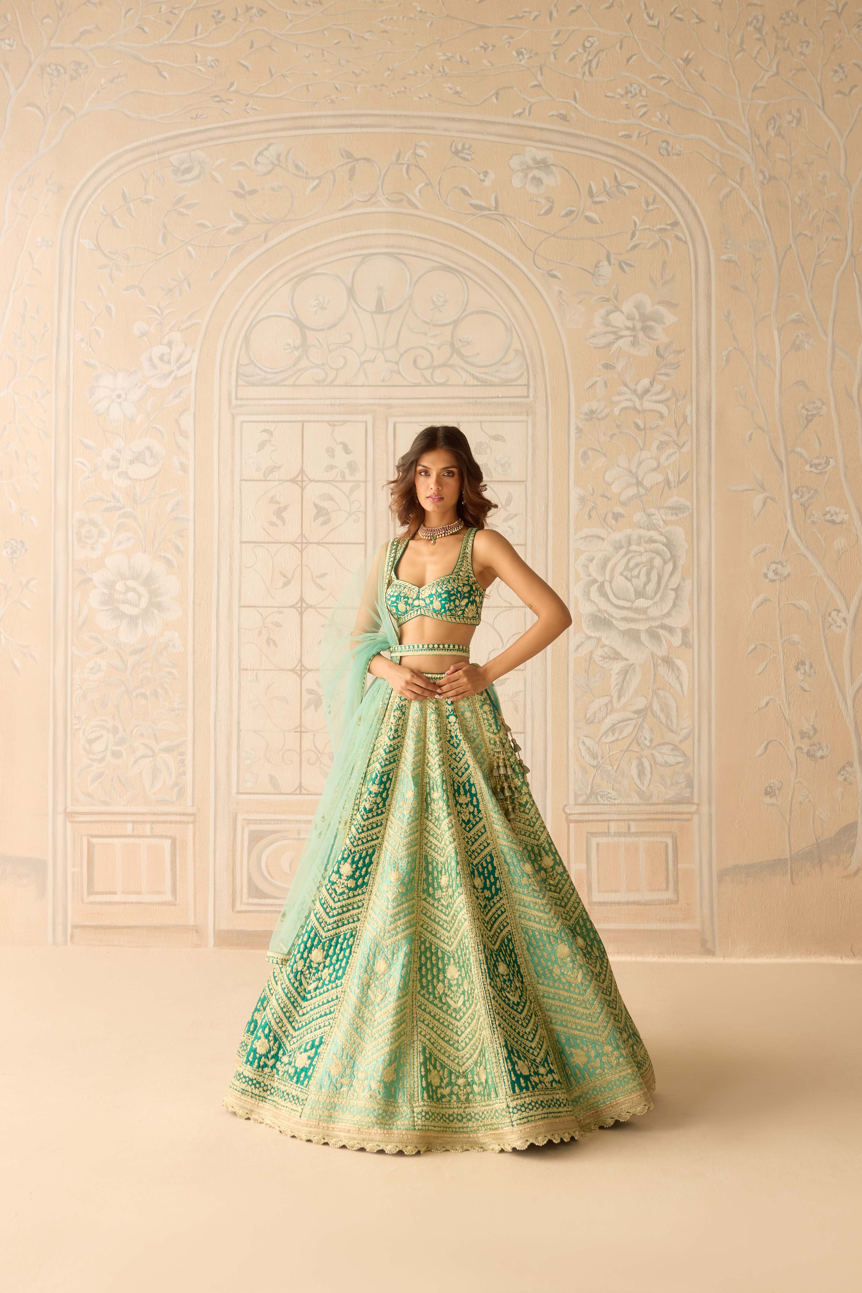 Raw silk mist teal green gold dori embroidered lehenga set with organza dupatta