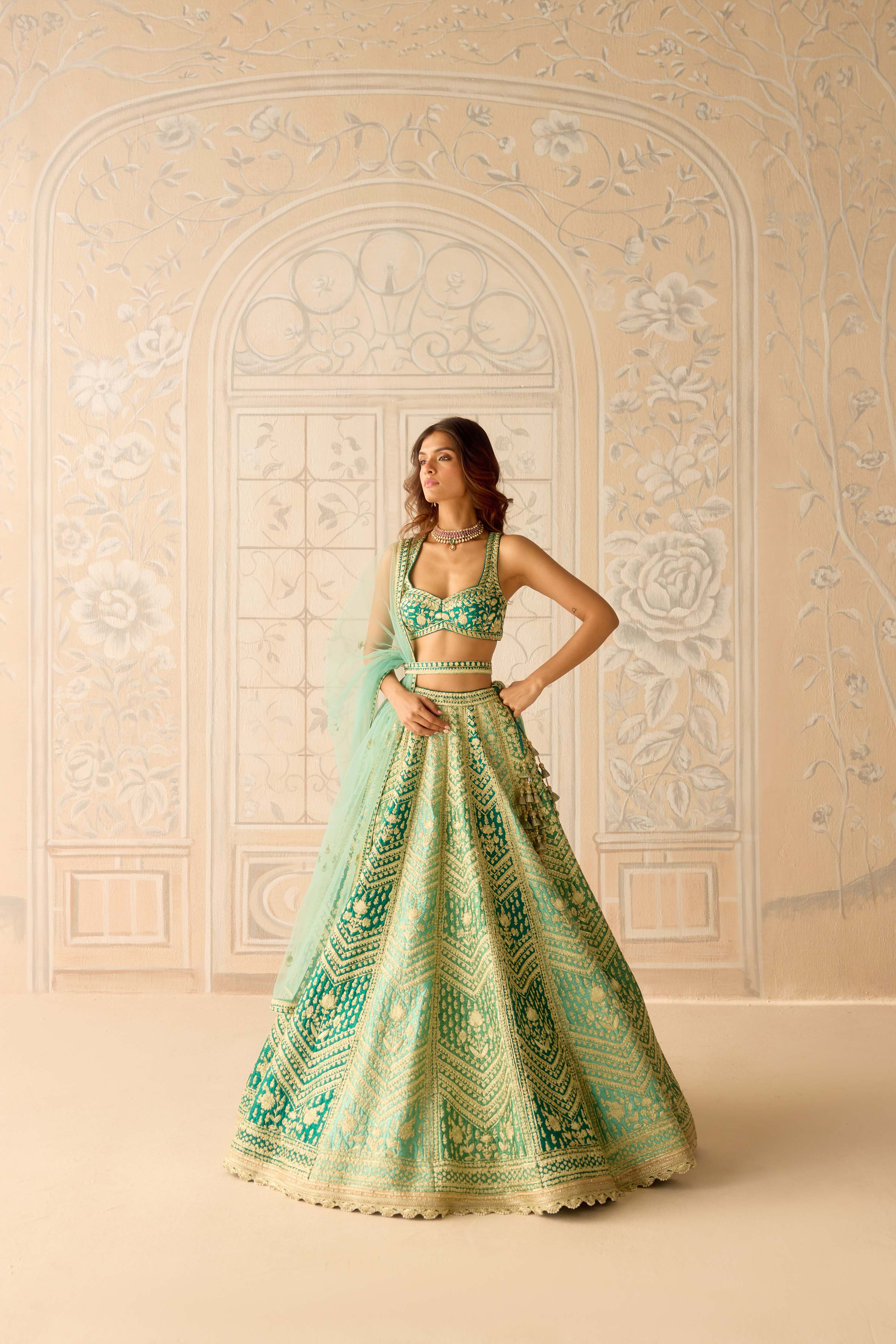 Raw silk mist teal green gold dori embroidered lehenga set with organza dupatta