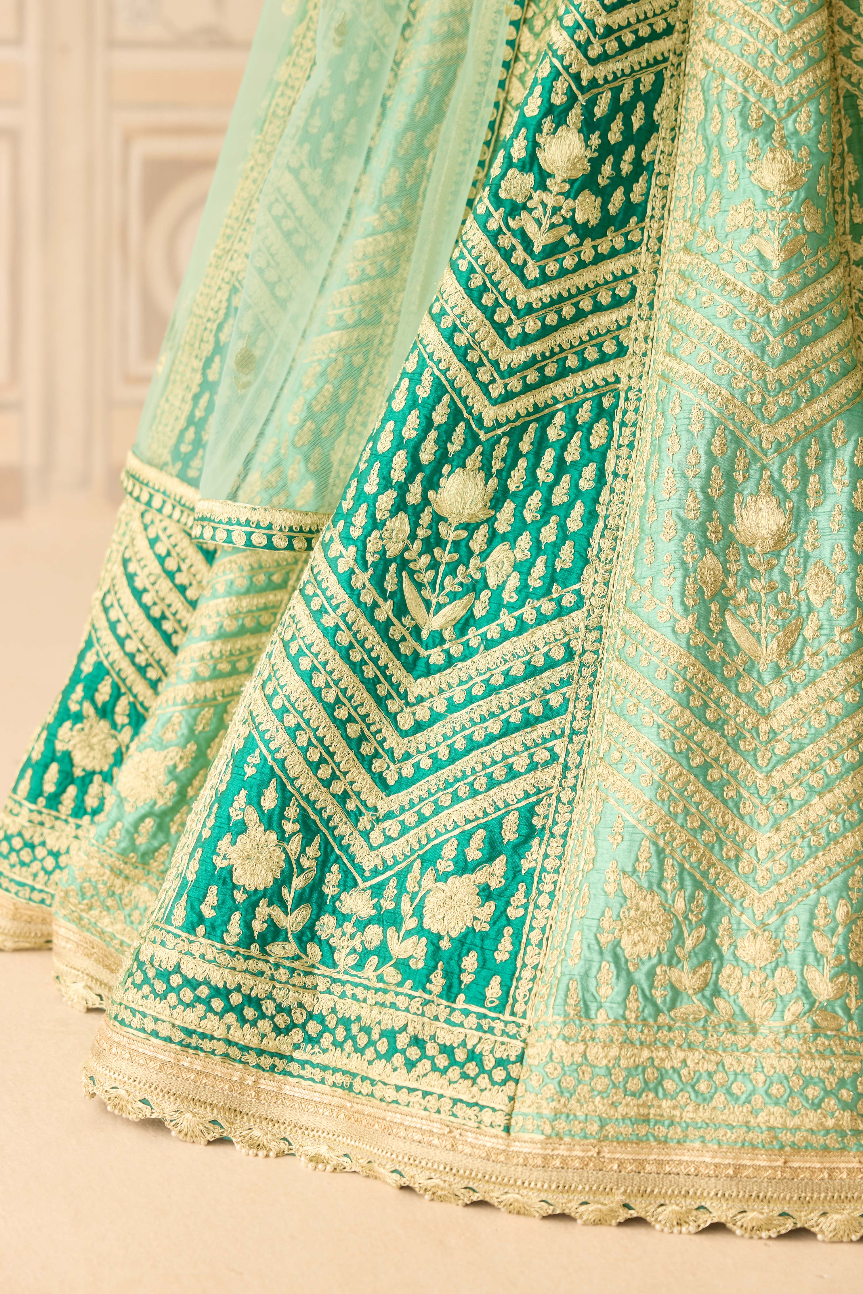 Raw silk mist teal green gold dori embroidered lehenga set with organza dupatta