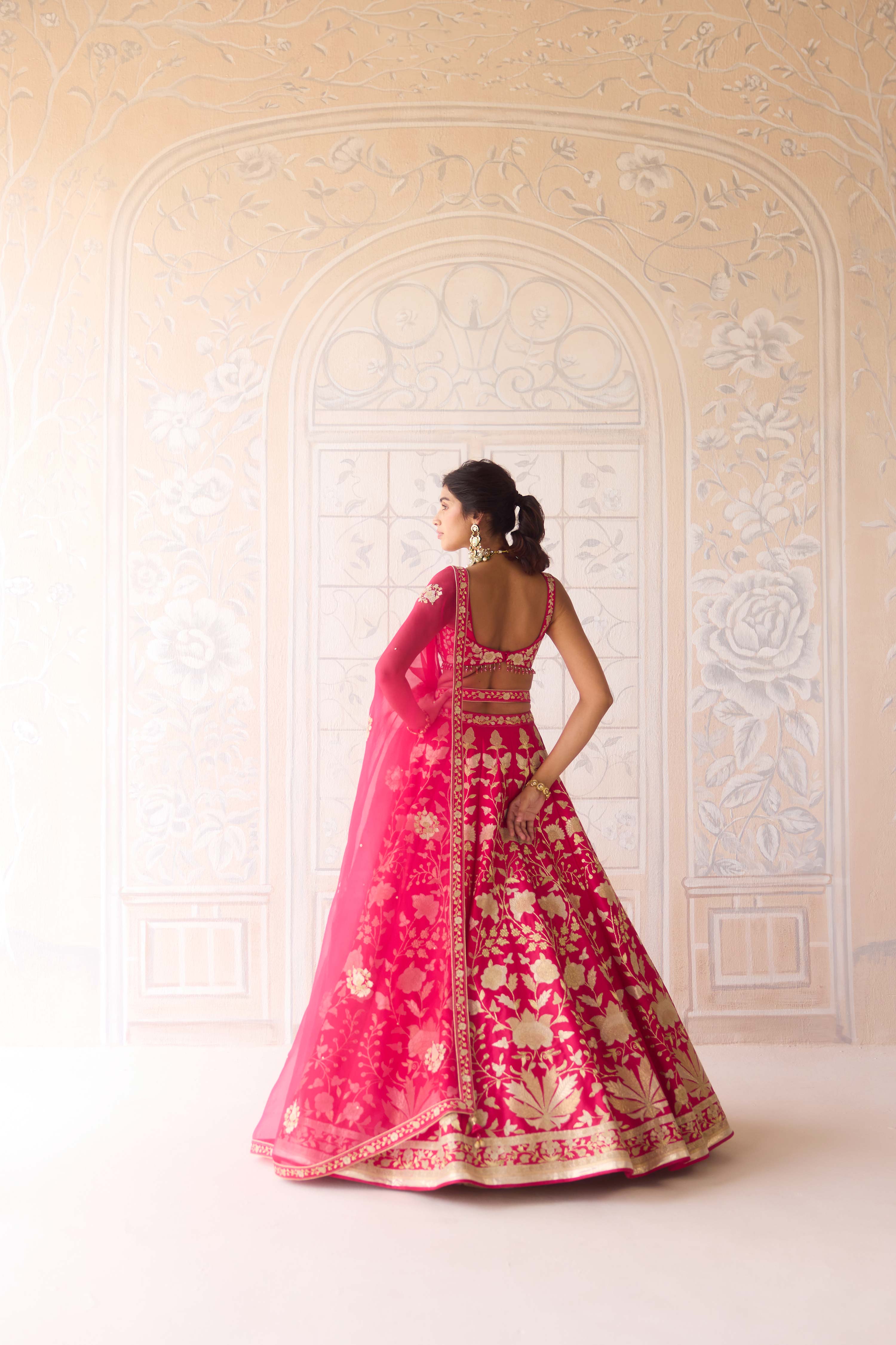 Raw silk carmine rose pink gold applique and dori embroidered lehenga set with organza dupatta