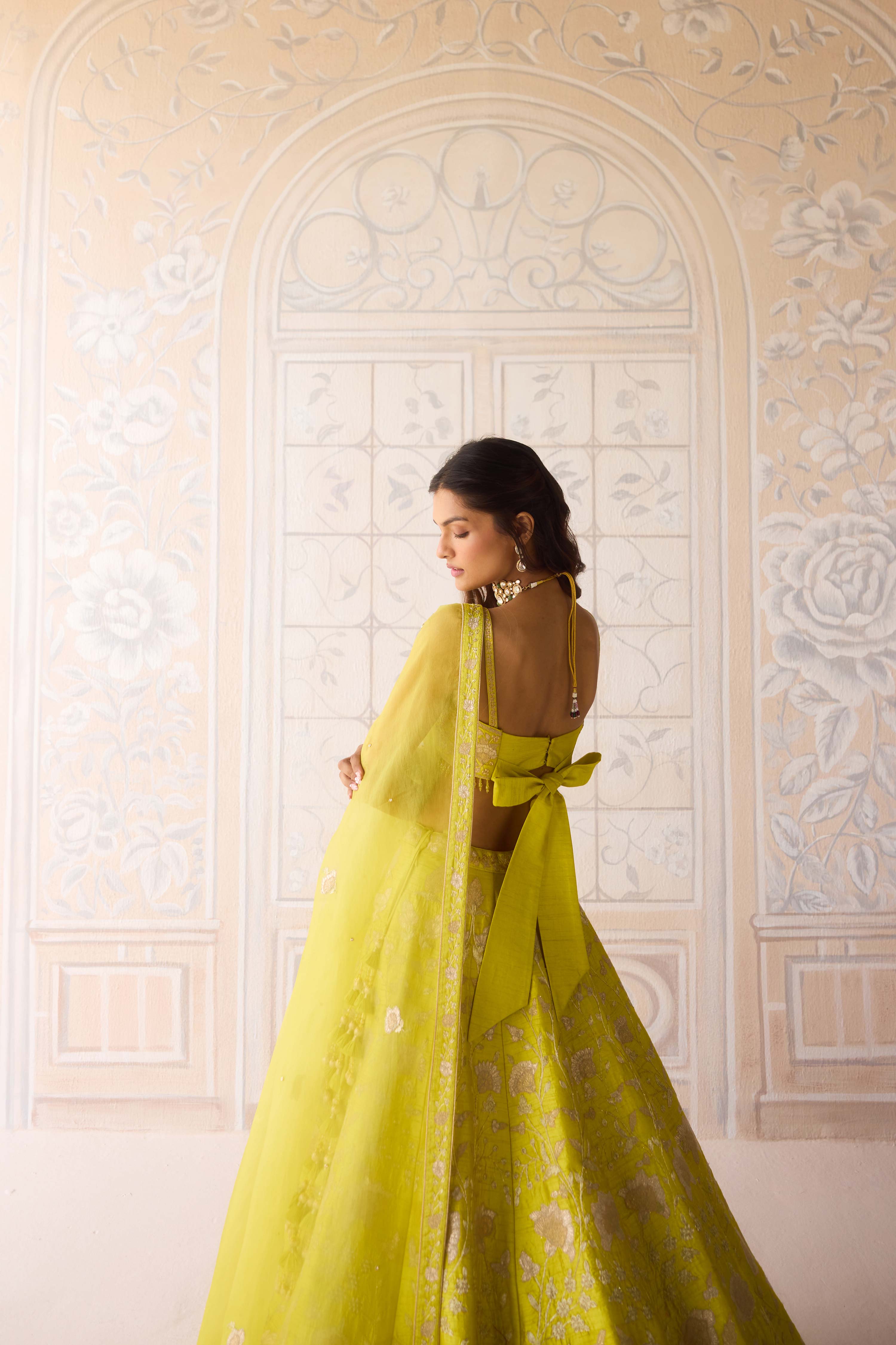 Raw silk spring green gold applique and thread embroidered lehenga set with organza dupatta