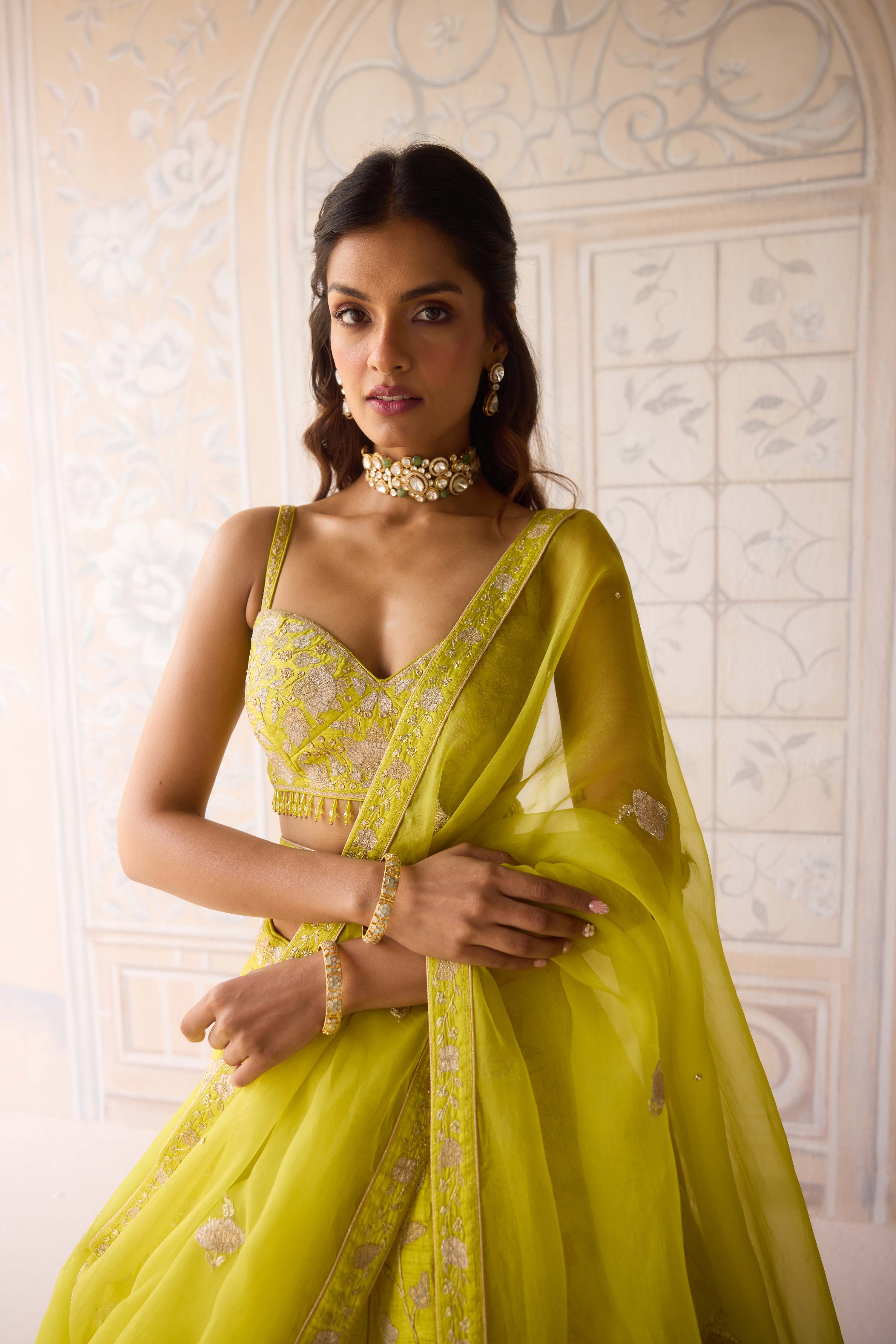 Raw silk spring green gold applique and thread embroidered lehenga set with organza dupatta