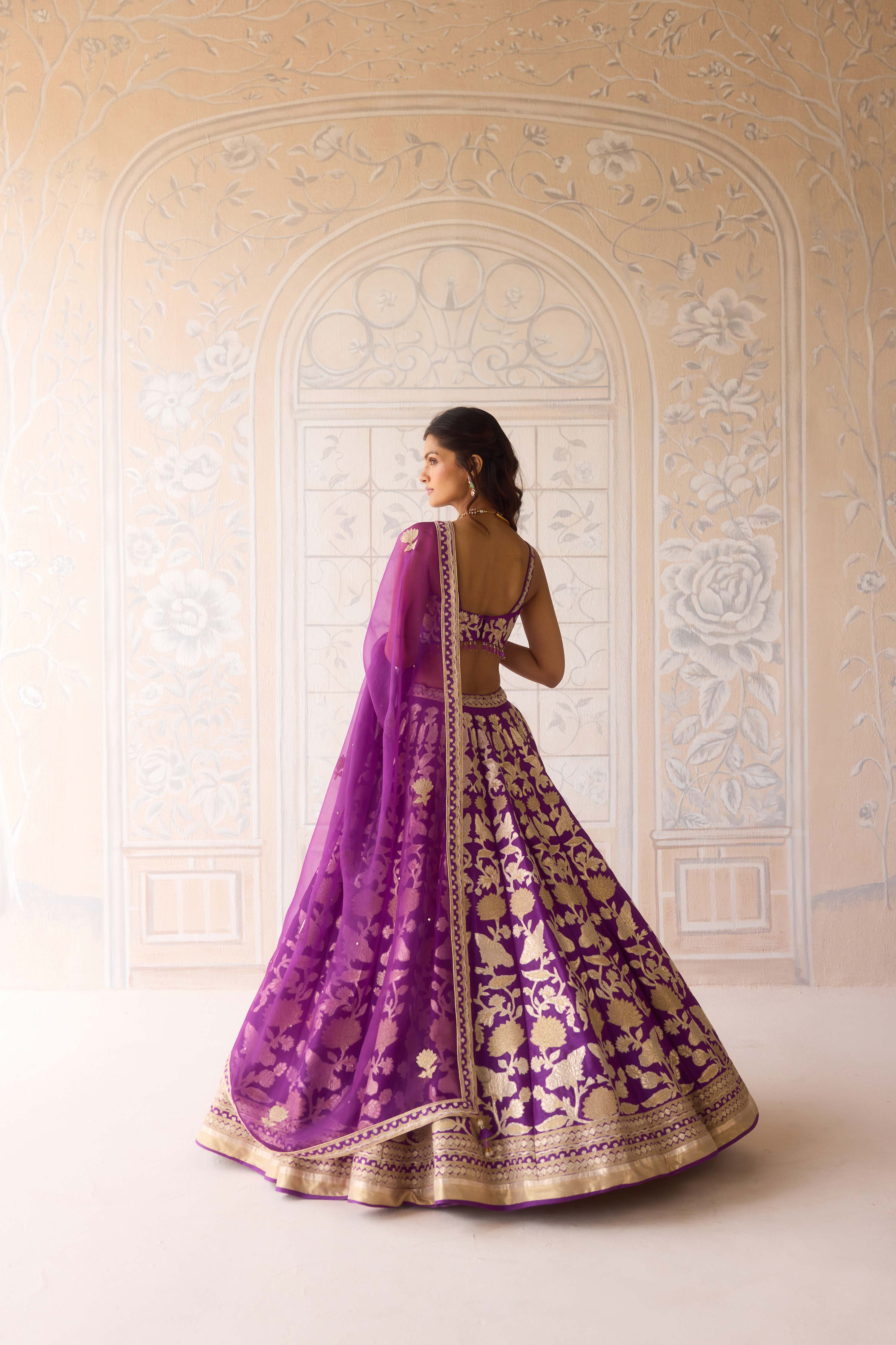 Raw silk phlox purple gold applique embroidered lehenga set with organza dupatta