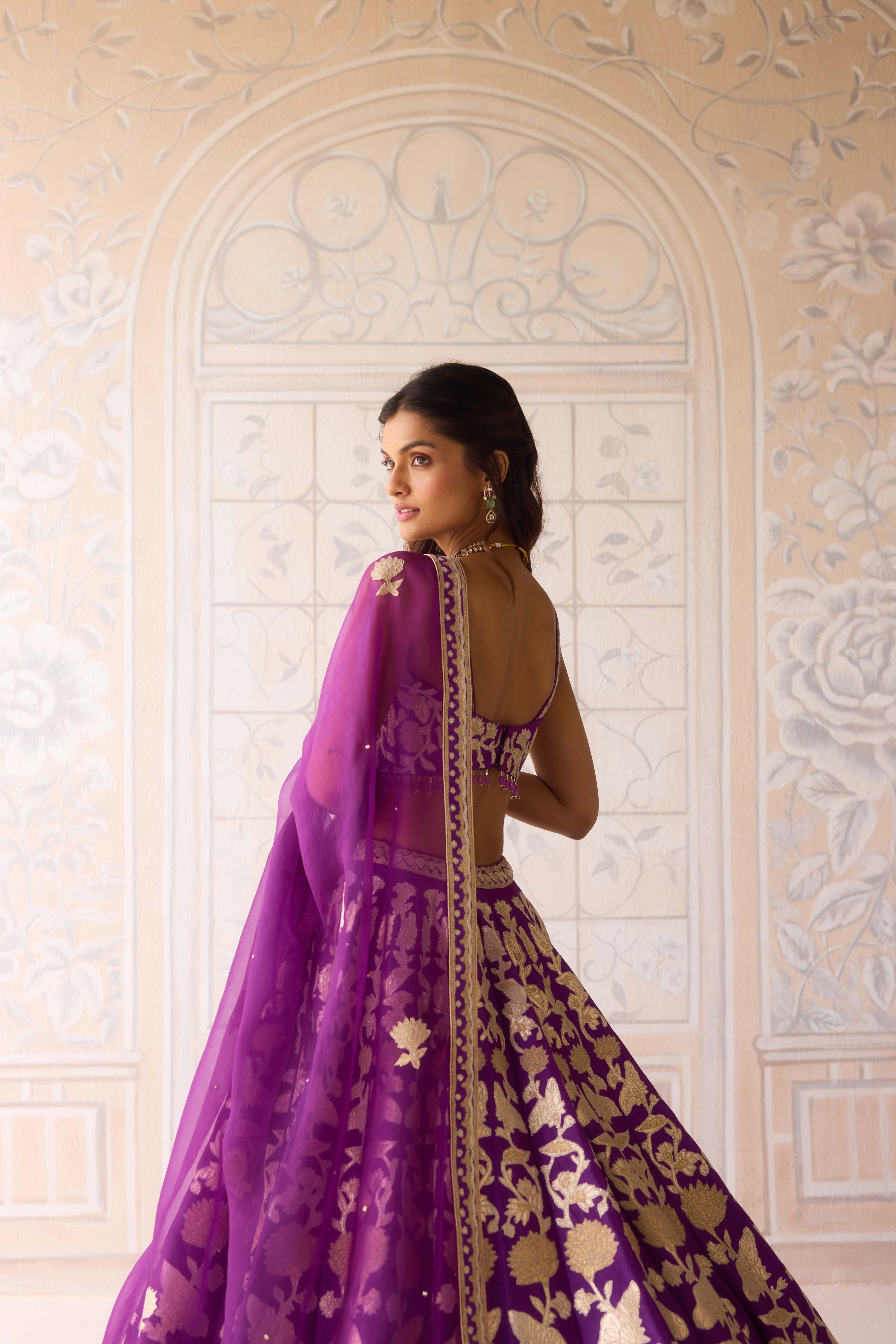Raw silk phlox purple gold applique embroidered lehenga set with organza dupatta