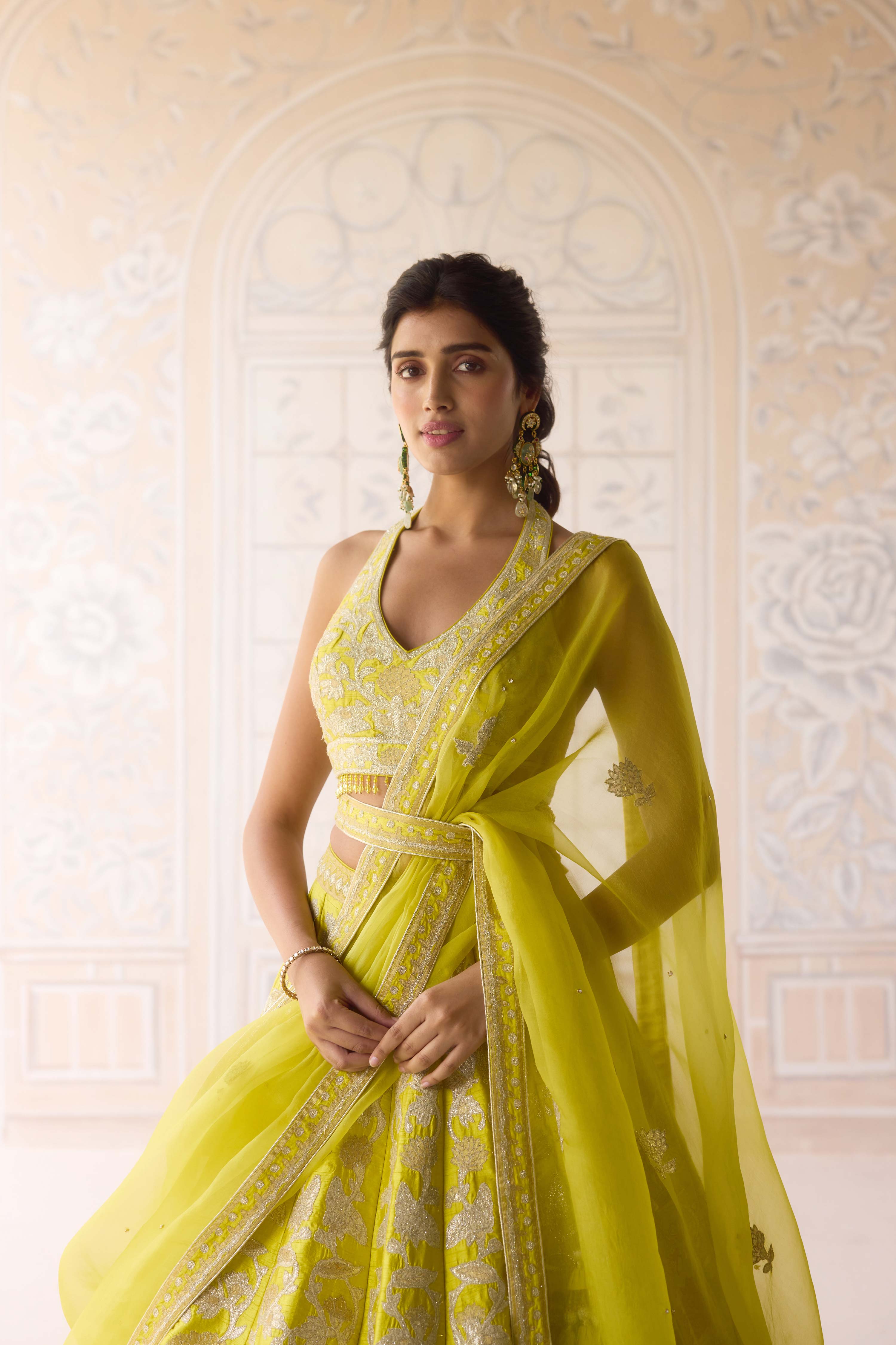 Raw silk spring green gold applique and thread embroidered lehenga set with organza dupatta