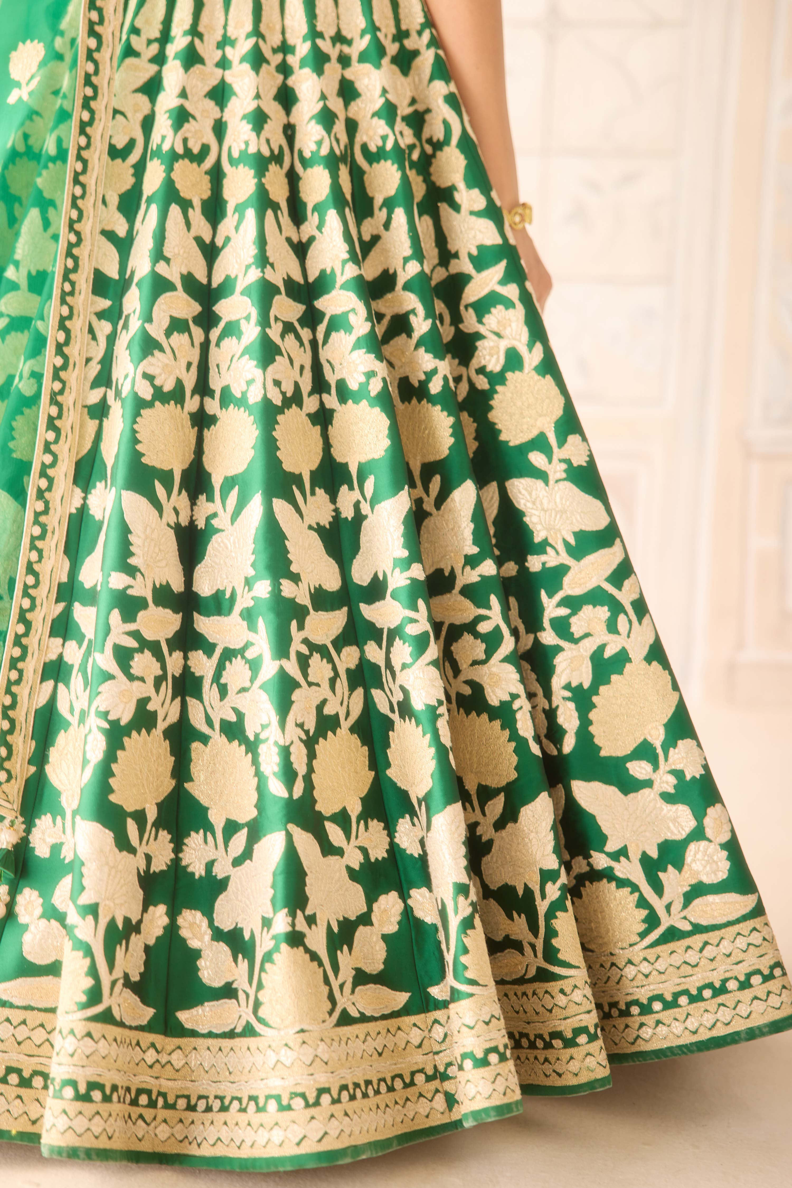 Raw silk dark green gold applique embroidered lehenga set with organza dupatta