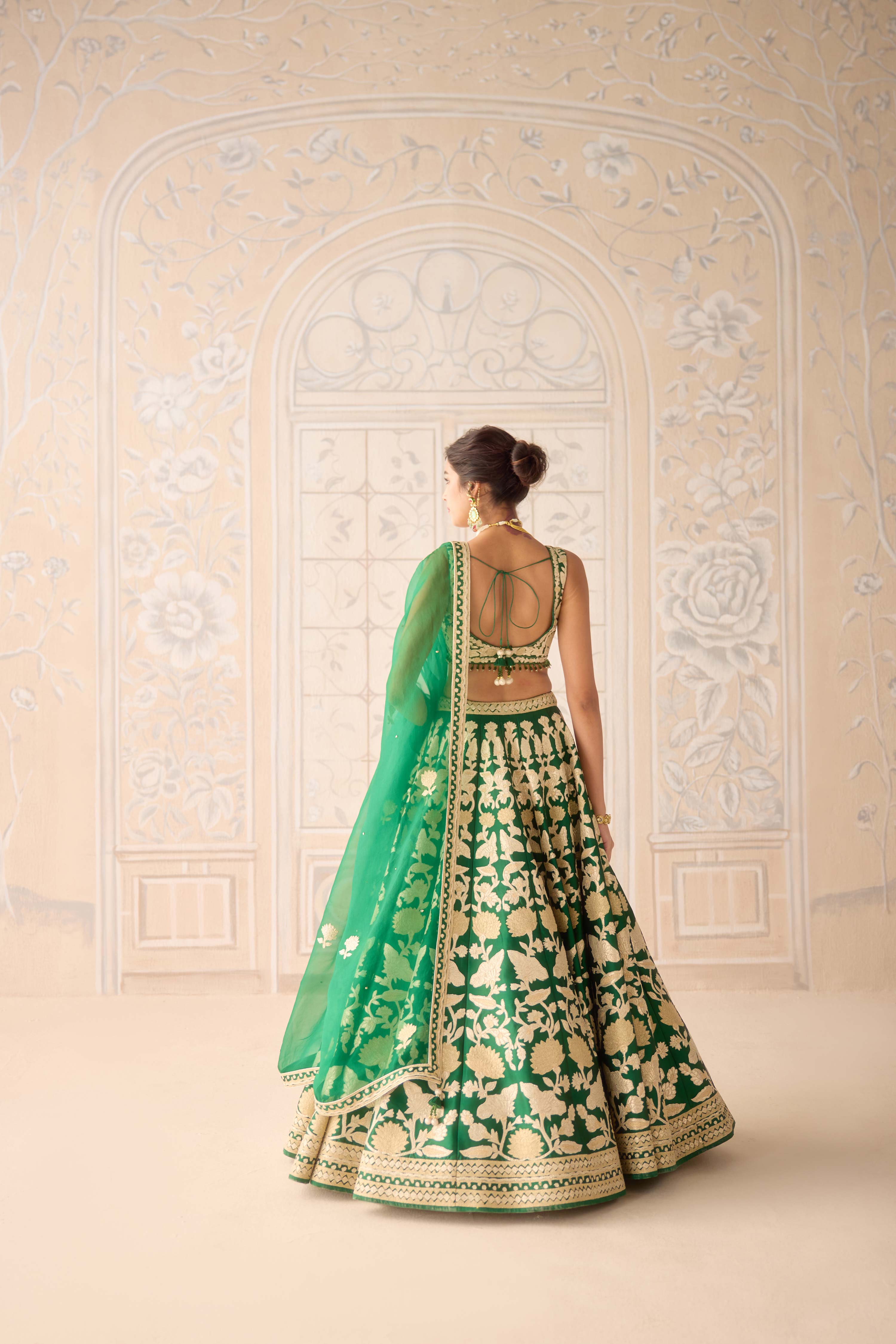 Raw silk dark green gold applique embroidered lehenga set with organza dupatta