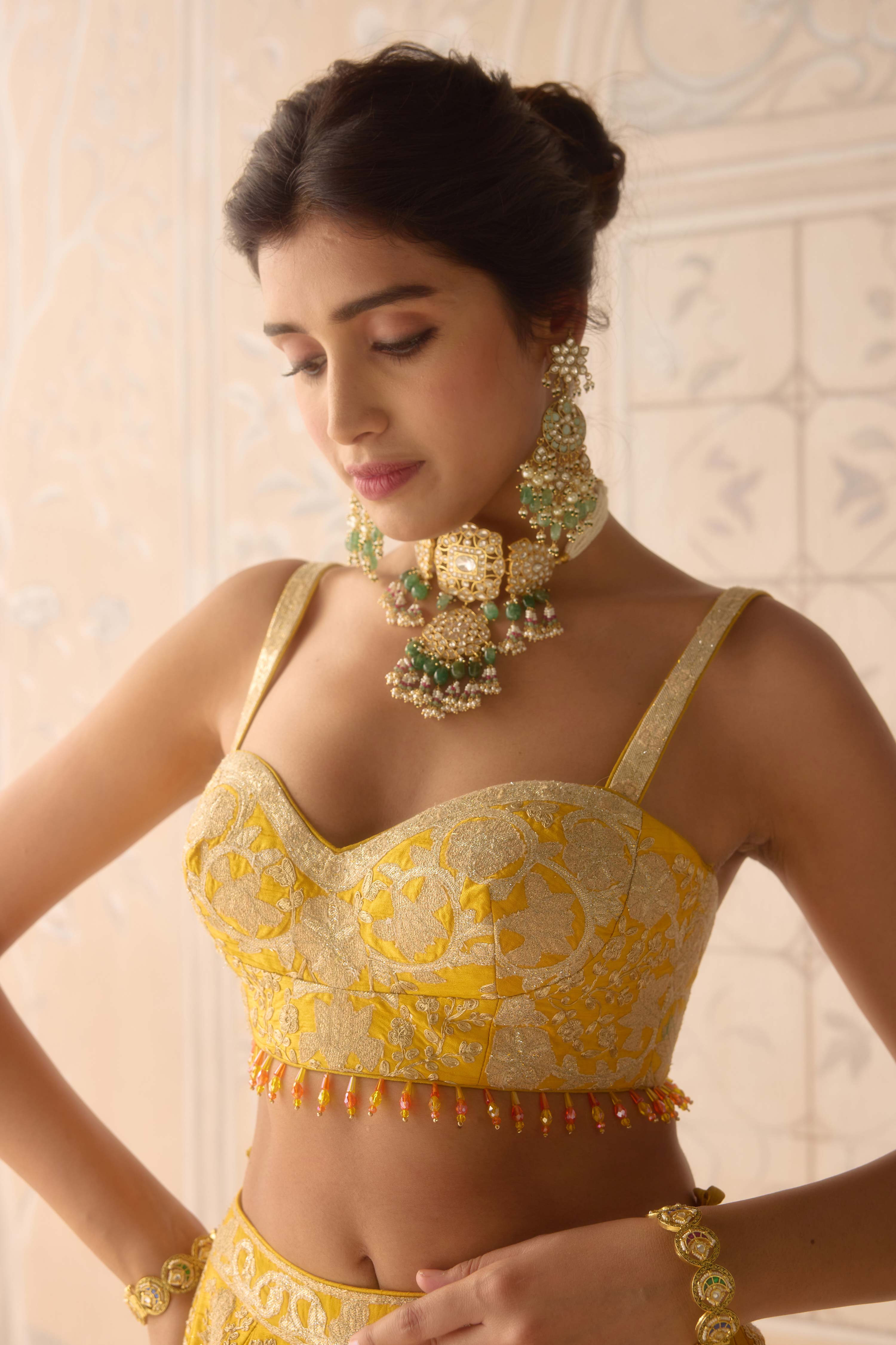 Raw silk dandelion yellow gold applique and thread embroidered lehenga set with organza dupatta