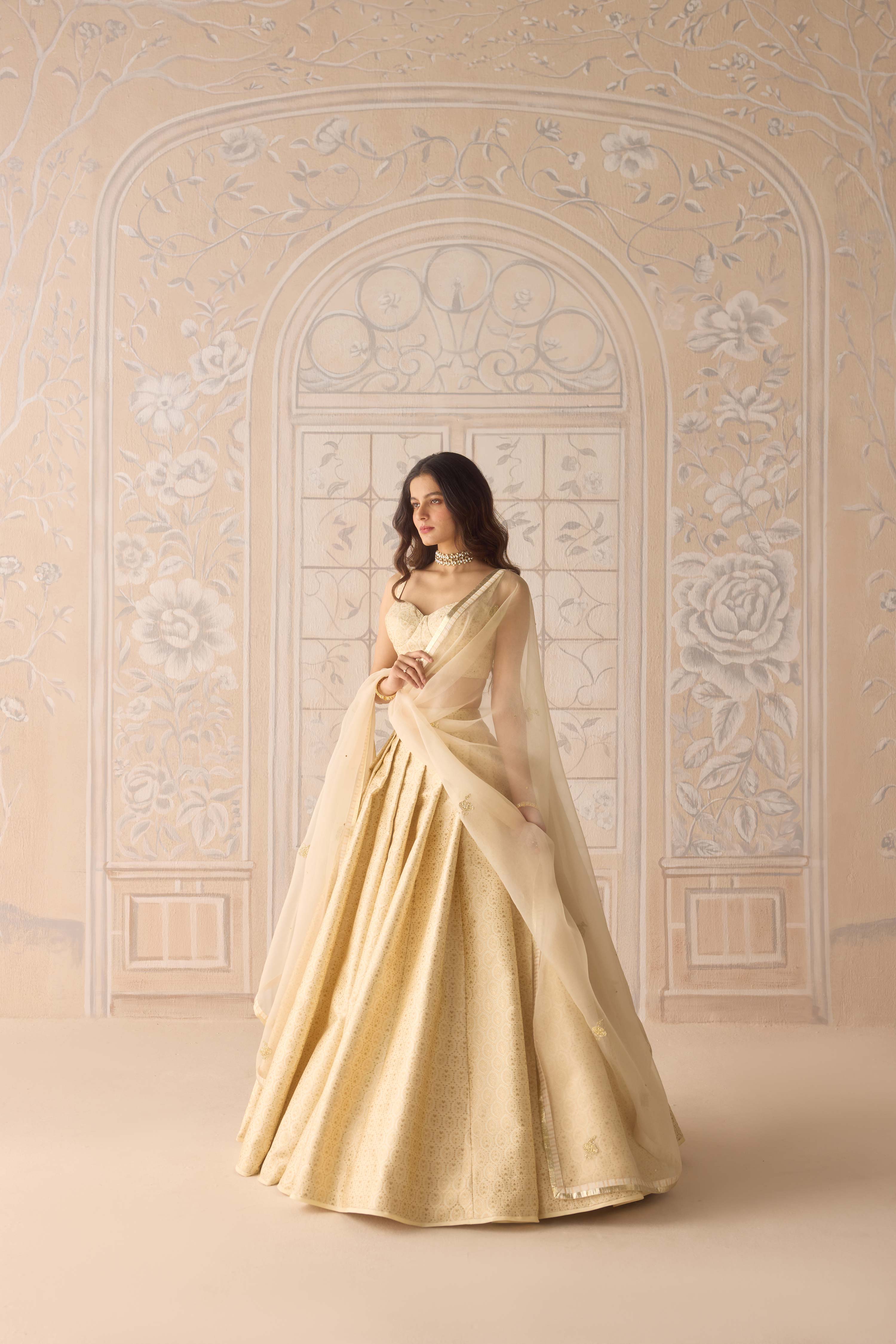 Ivory brocade pleated lehenga with lurex patch dupatta