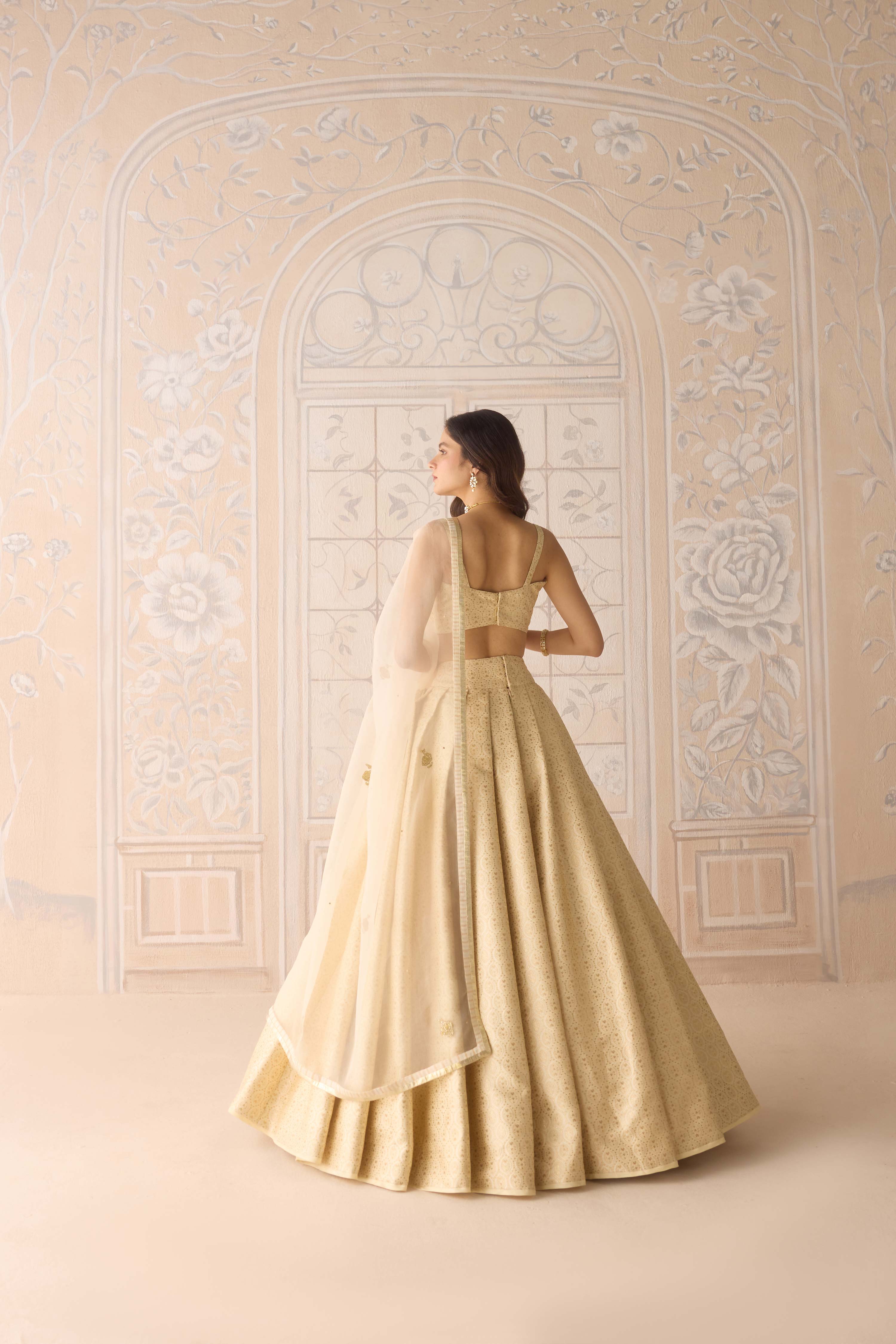 Ivory brocade pleated lehenga with lurex patch dupatta
