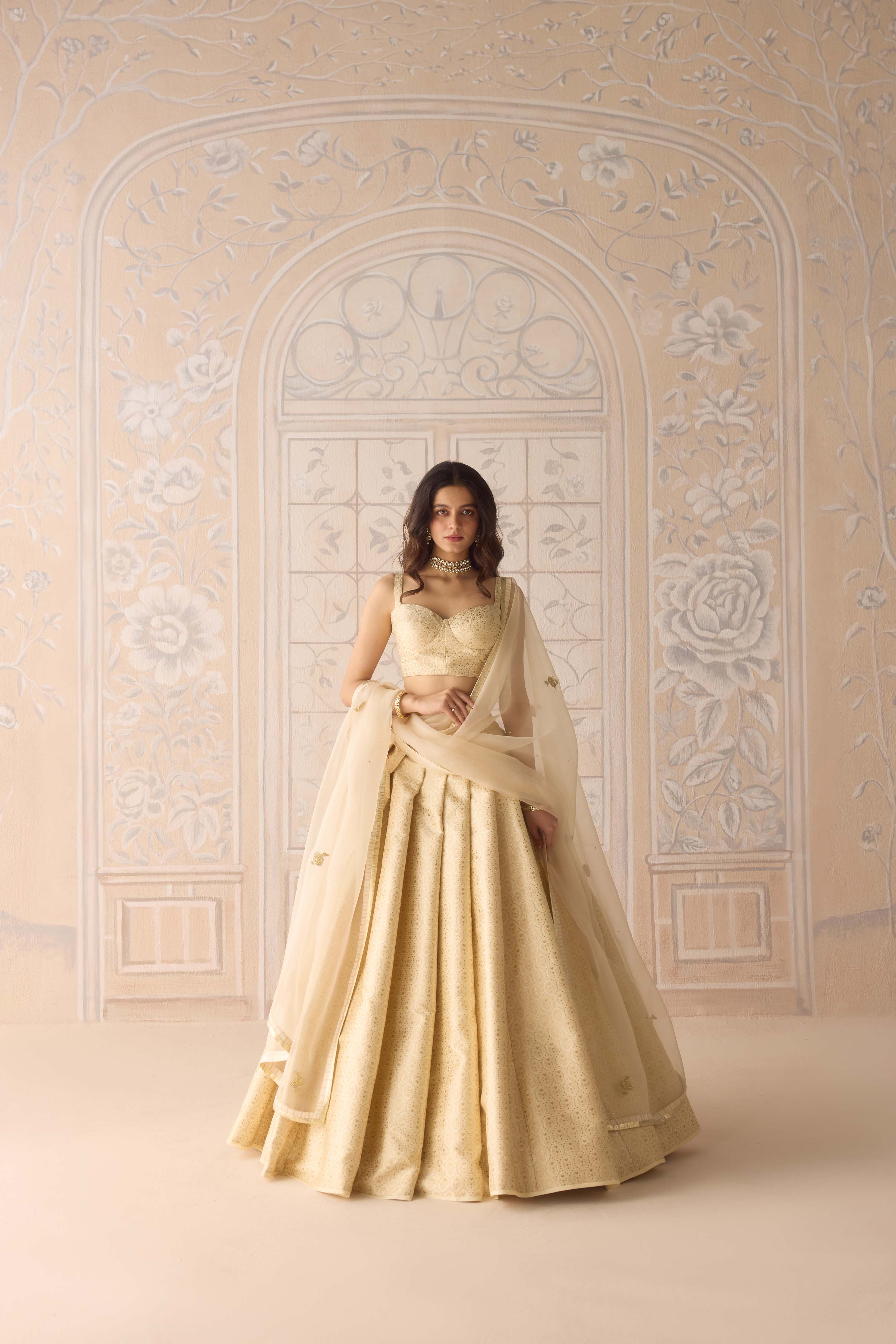 Ivory brocade pleated lehenga with lurex patch dupatta