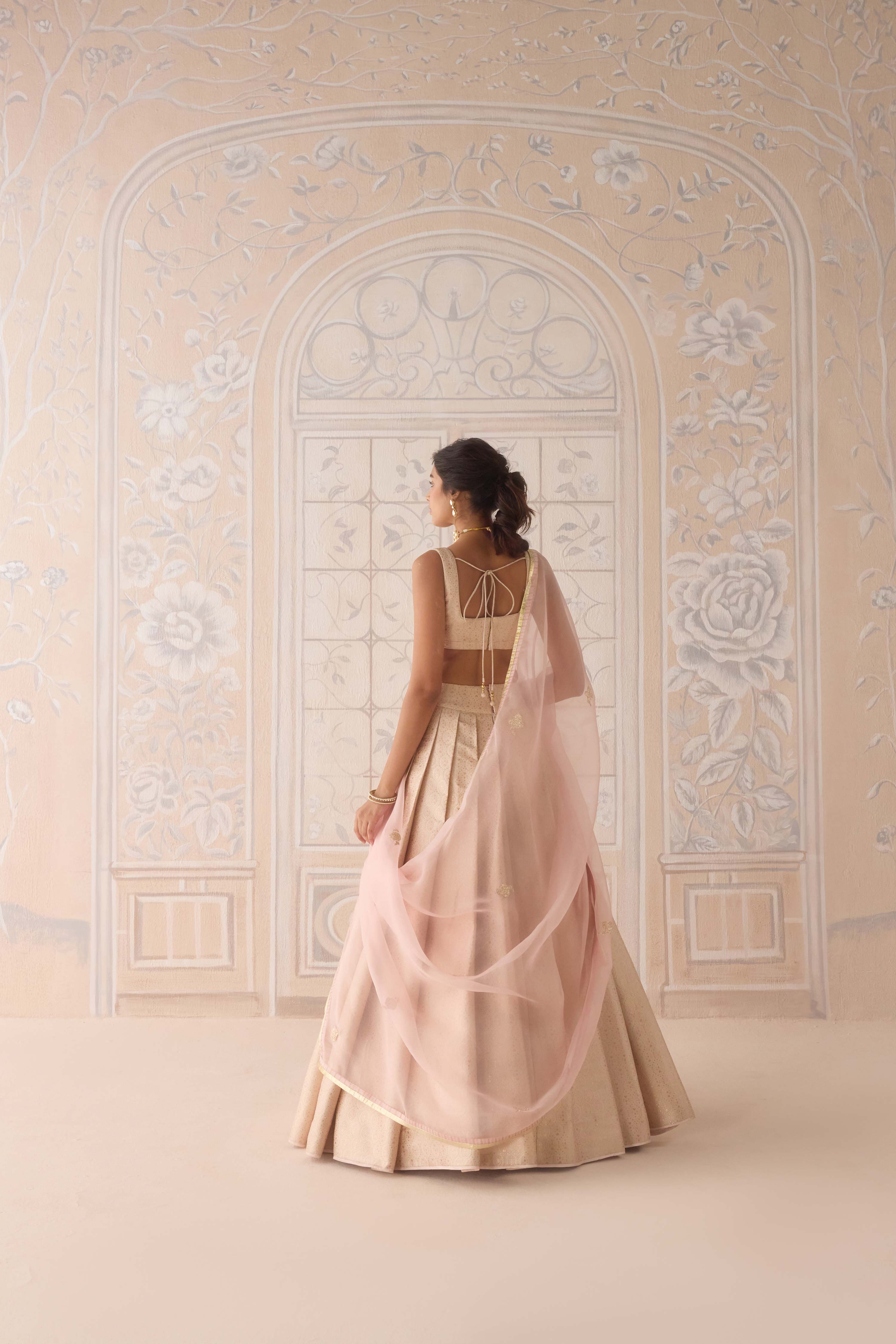 Pearl pink brocade pleated lehenga with lurex patch dupatta