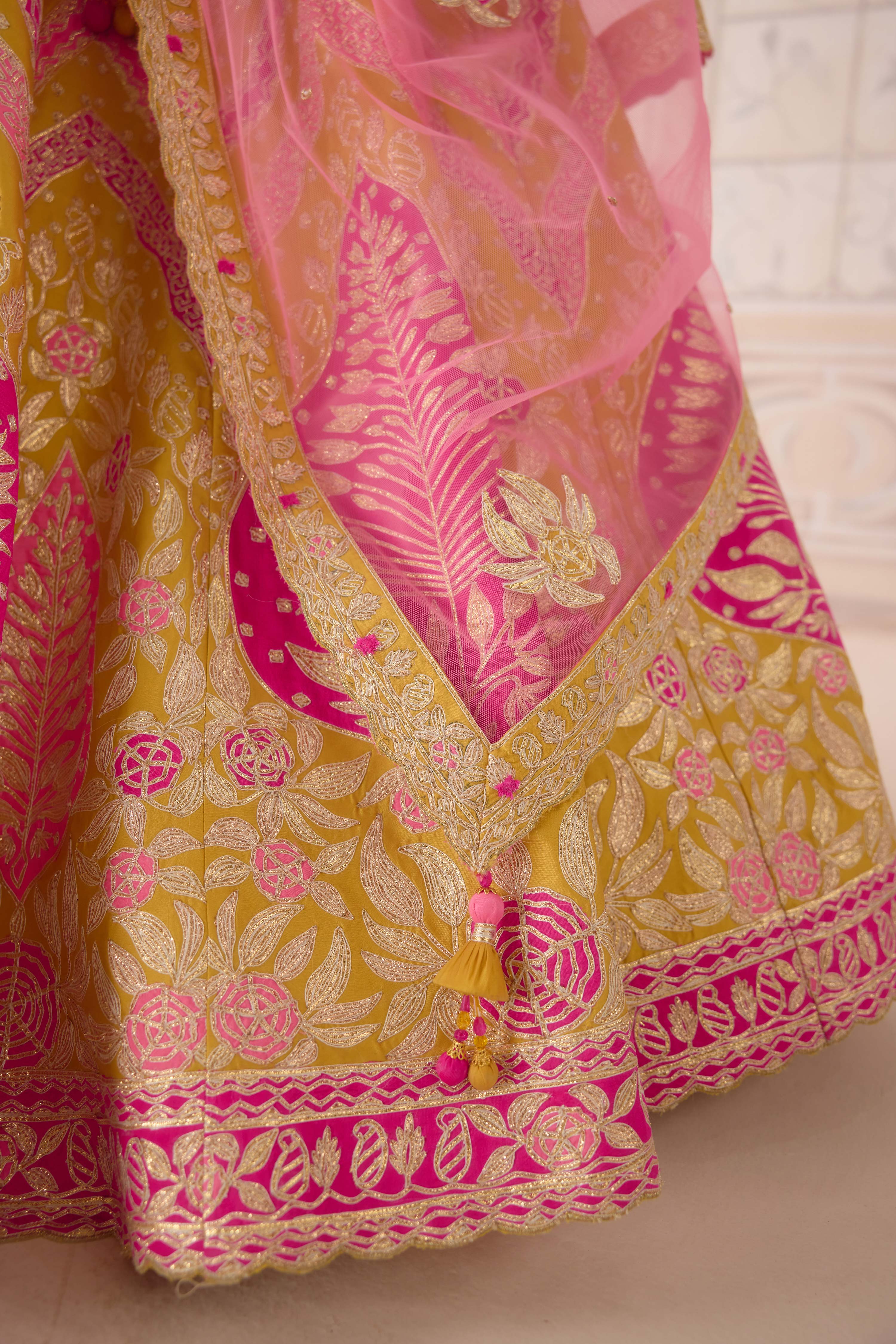Raw silk freesia yellow multi coloured applique and gota embroidered lehenga set with organza dupatta