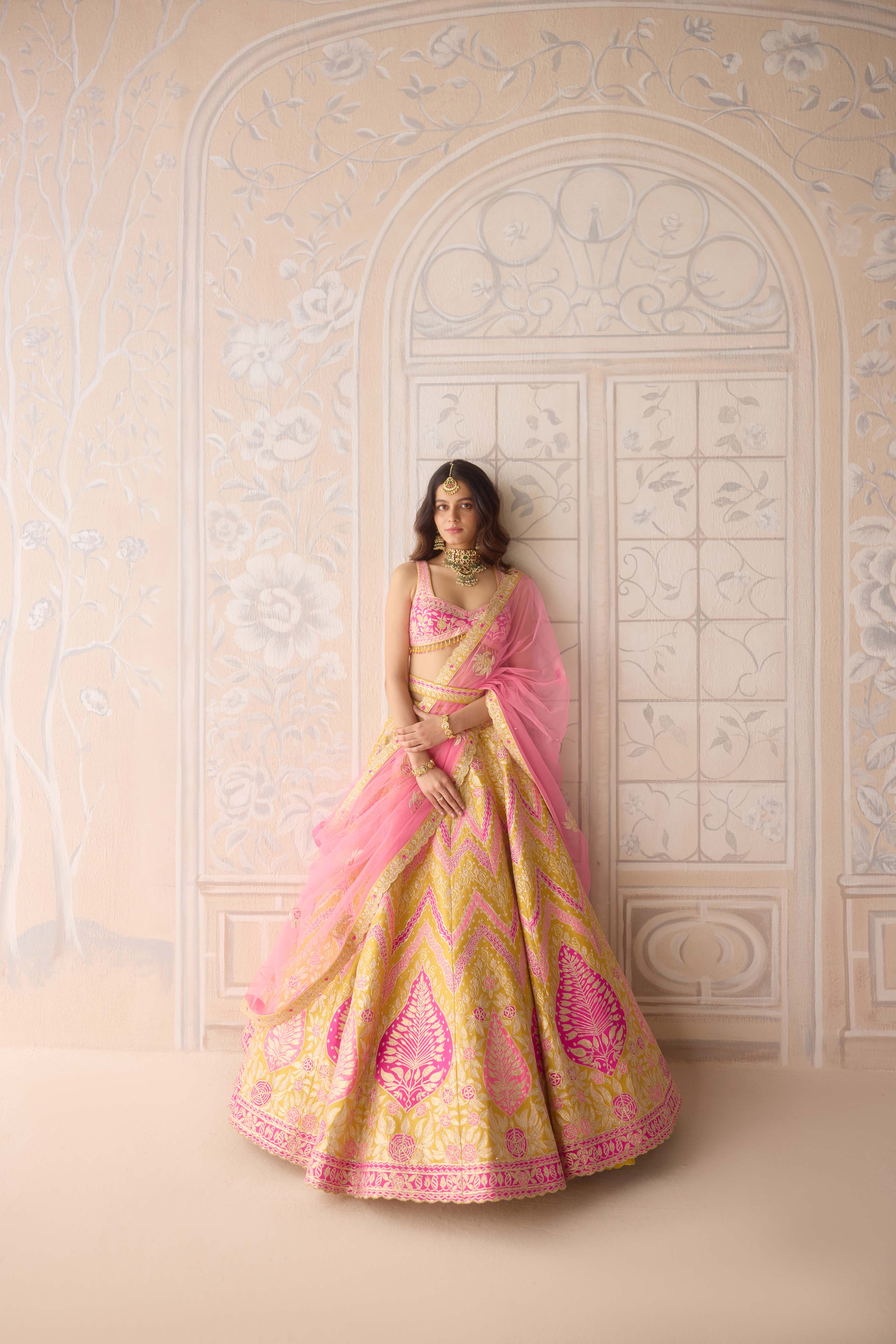 Raw silk freesia yellow multi coloured applique and gota embroidered lehenga set with organza dupatta