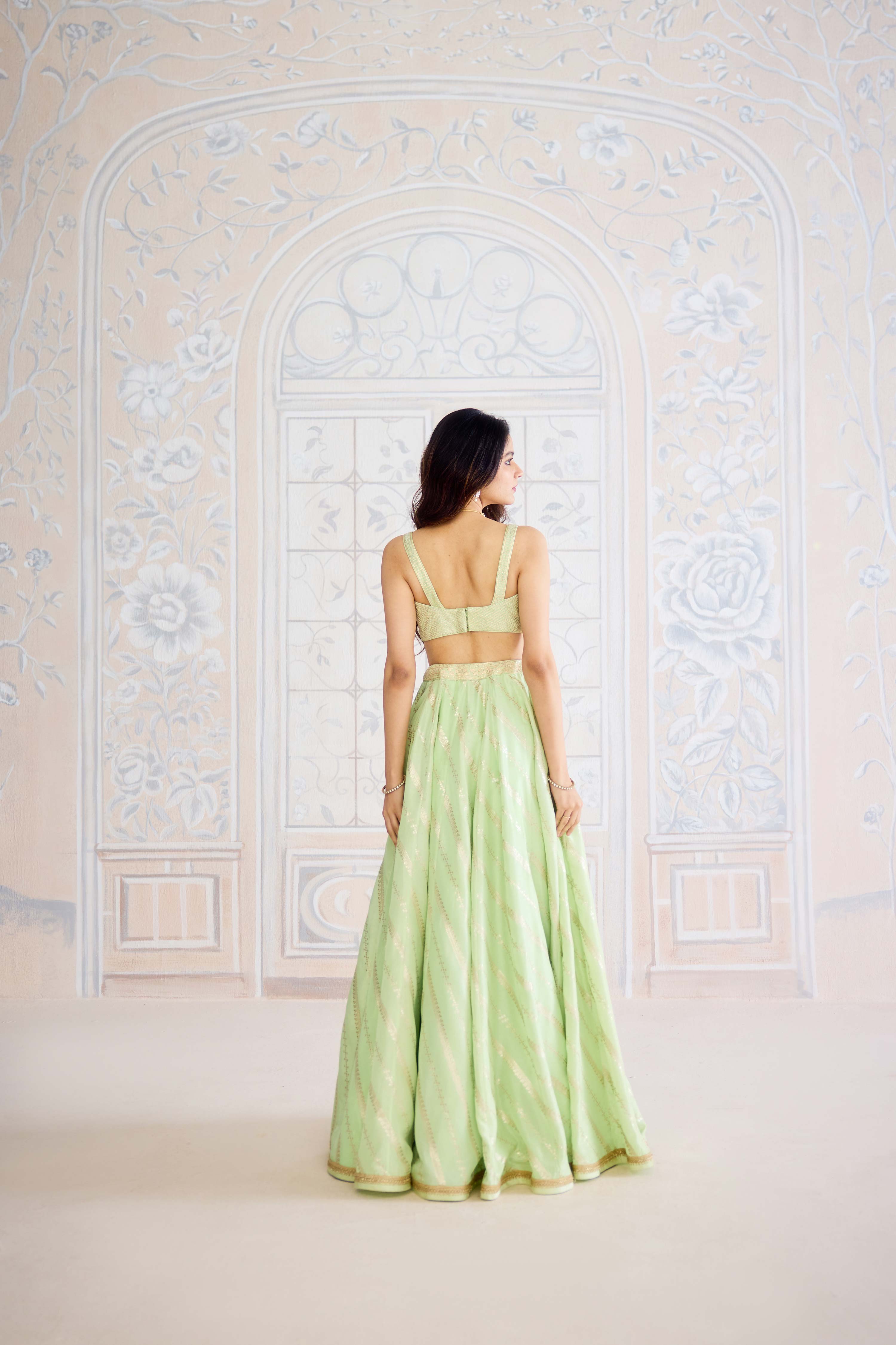 Butterfly green light gold brocade lehenga with gota embroidered blouse and organza dupatta