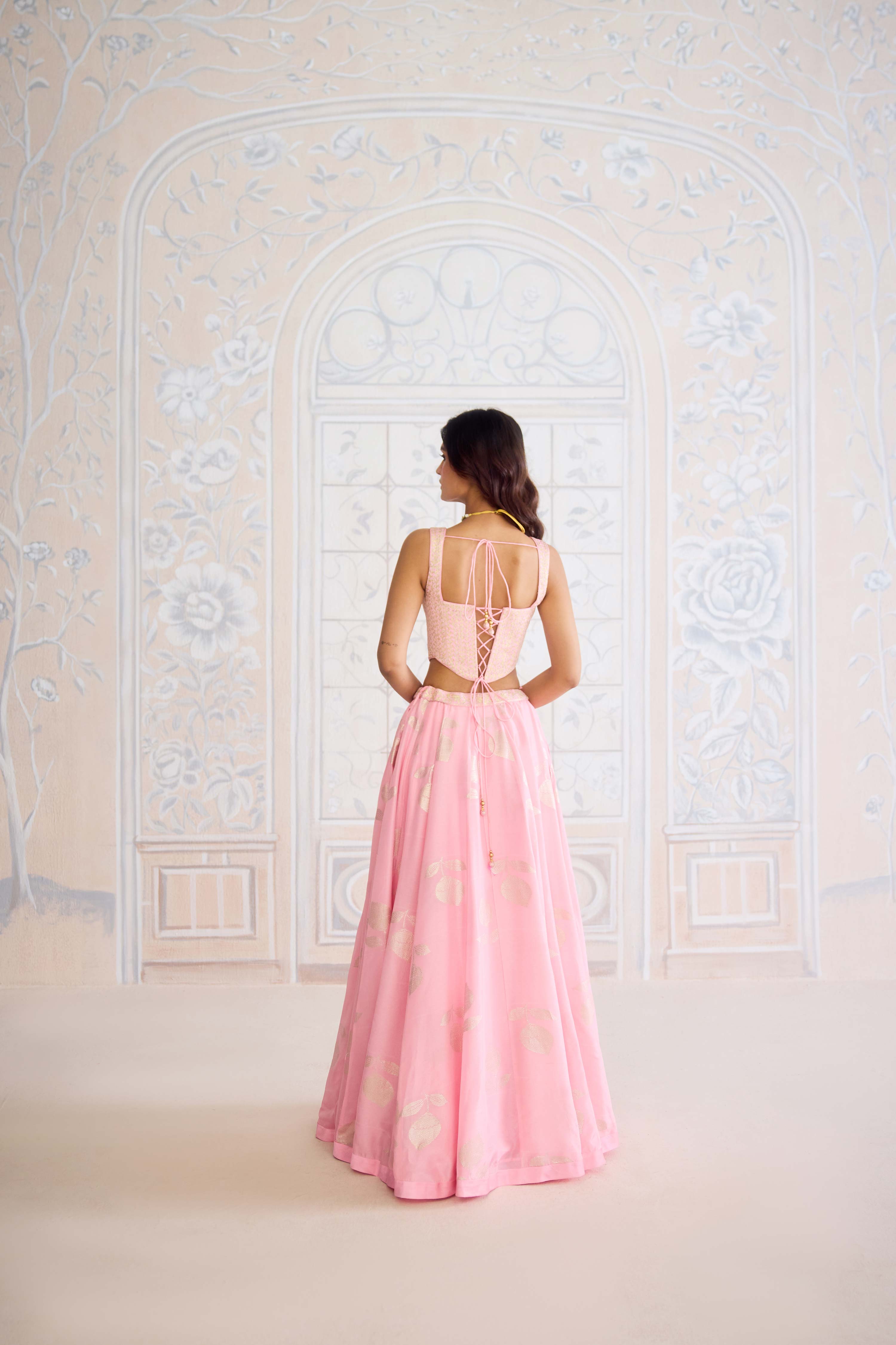 Crystal rose pink light gold brocade lehenga with gota embroidered blouse and organza dupatta