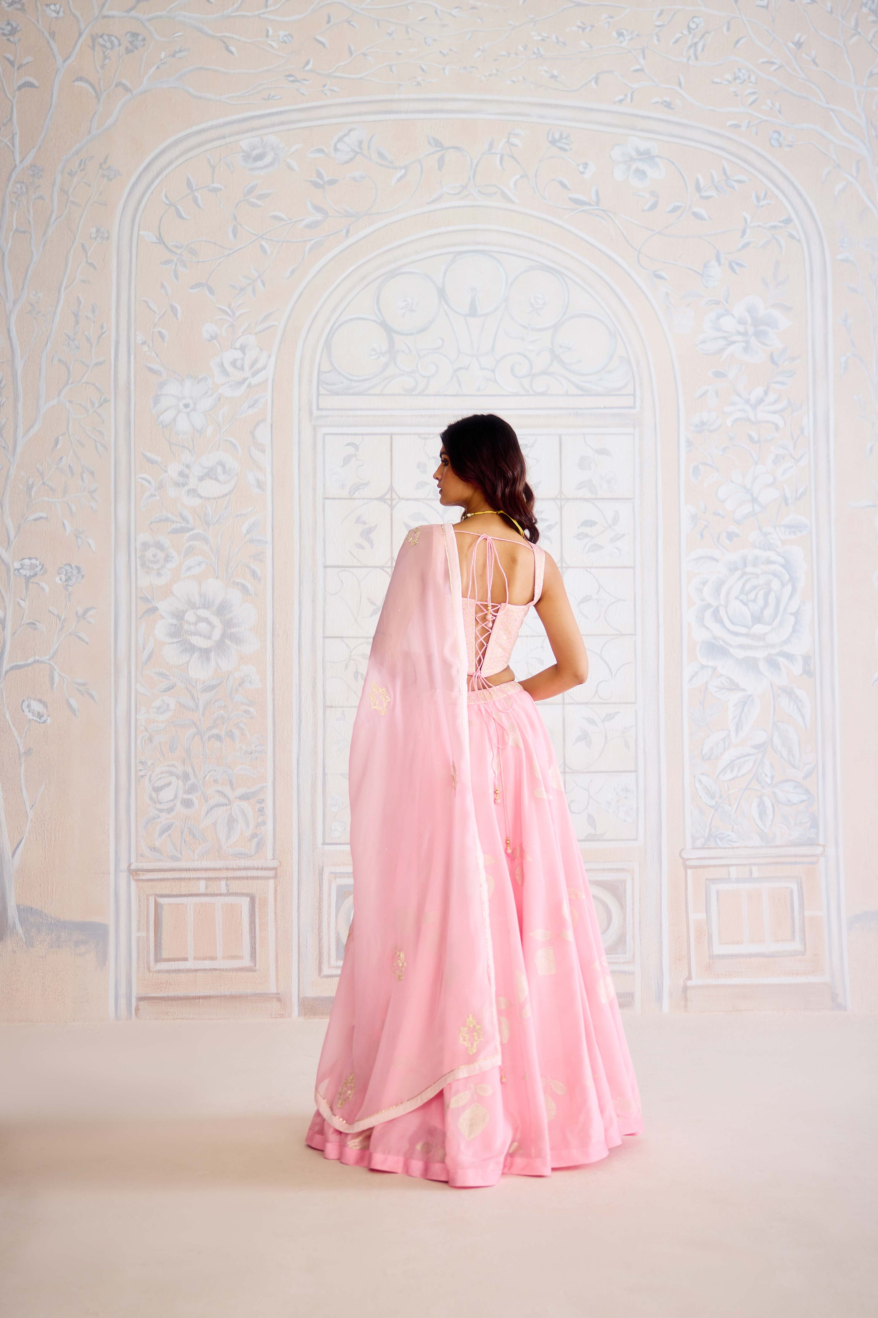 Crystal rose pink light gold brocade lehenga with gota embroidered blouse and organza dupatta