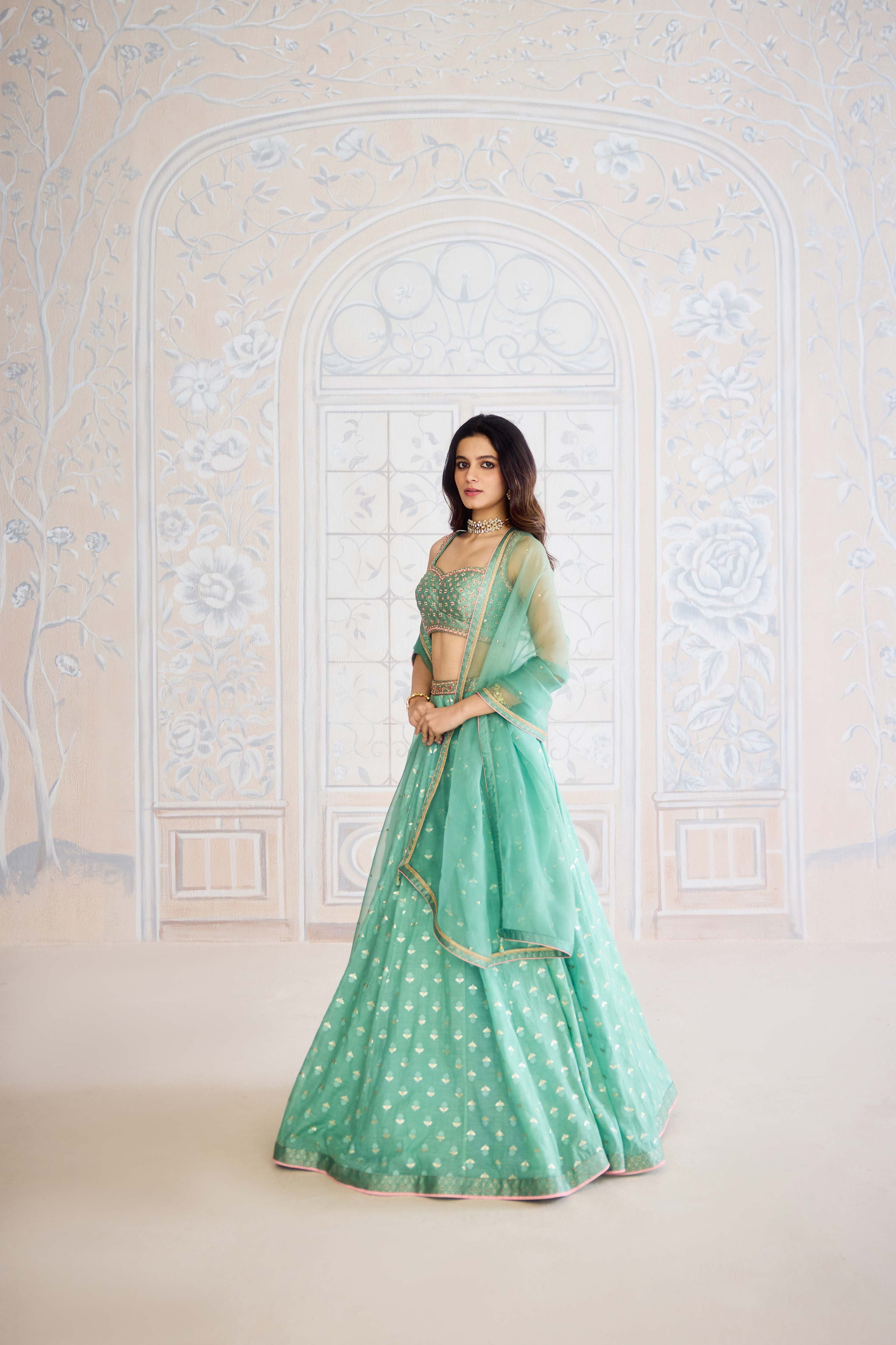 Neptune green chanderi brocade lehenga with zardozi embroidered brocade blouse and organza dupatta