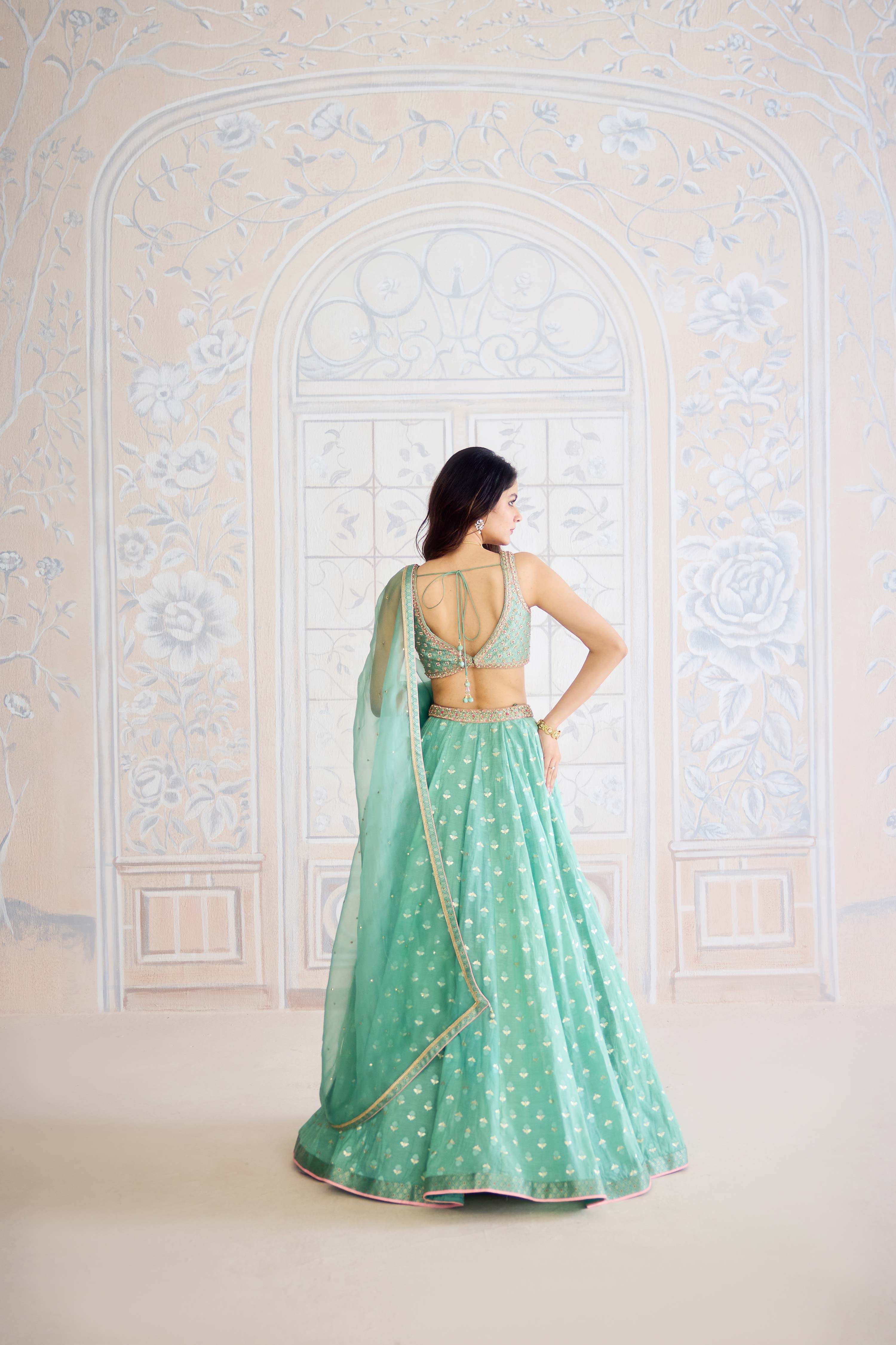 Neptune green chanderi brocade lehenga with zardozi embroidered brocade blouse and organza dupatta