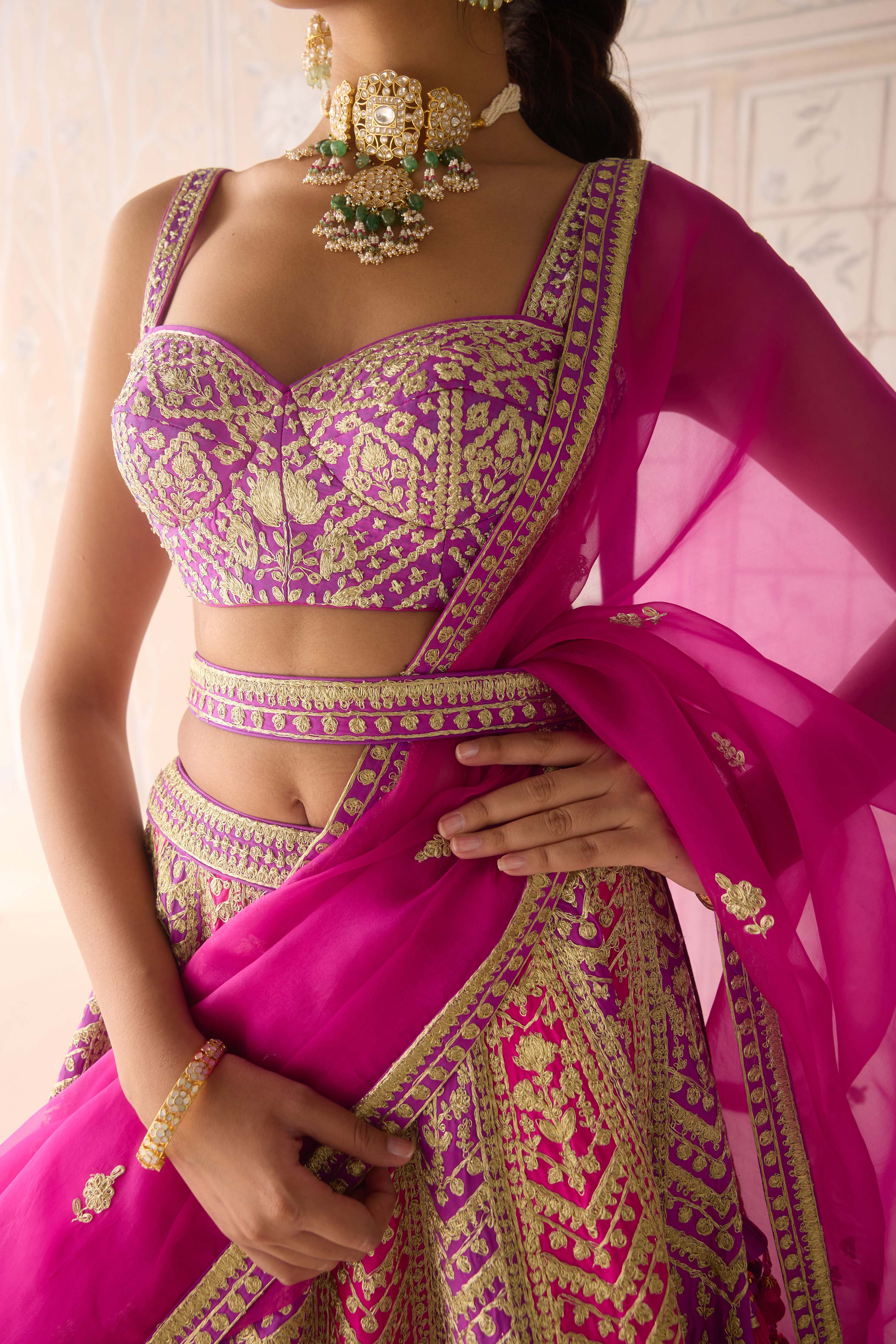 Raw silk purple pink gold dori embroidered lehenga set with organza dupatta