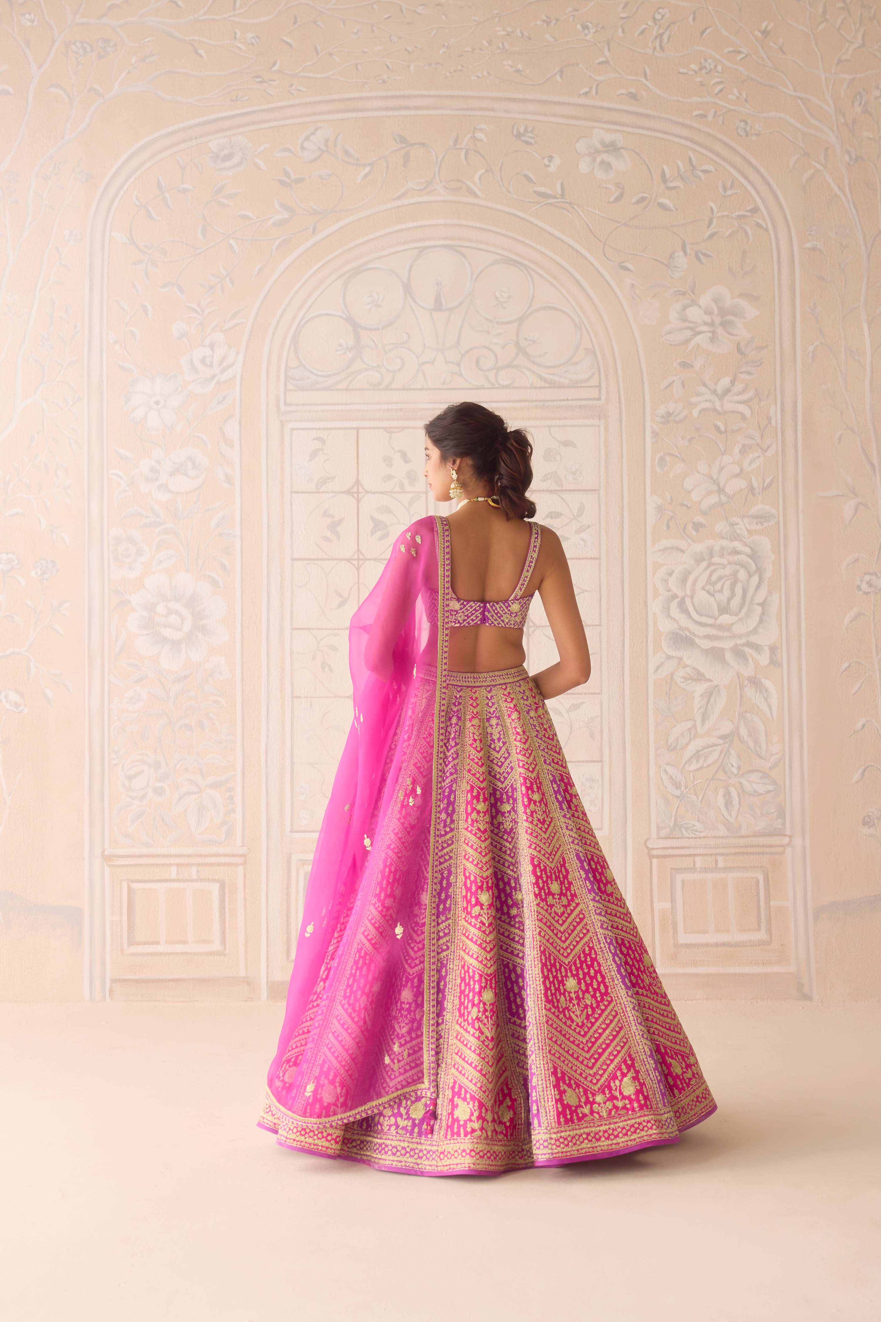 Raw silk purple pink gold dori embroidered lehenga set with organza dupatta