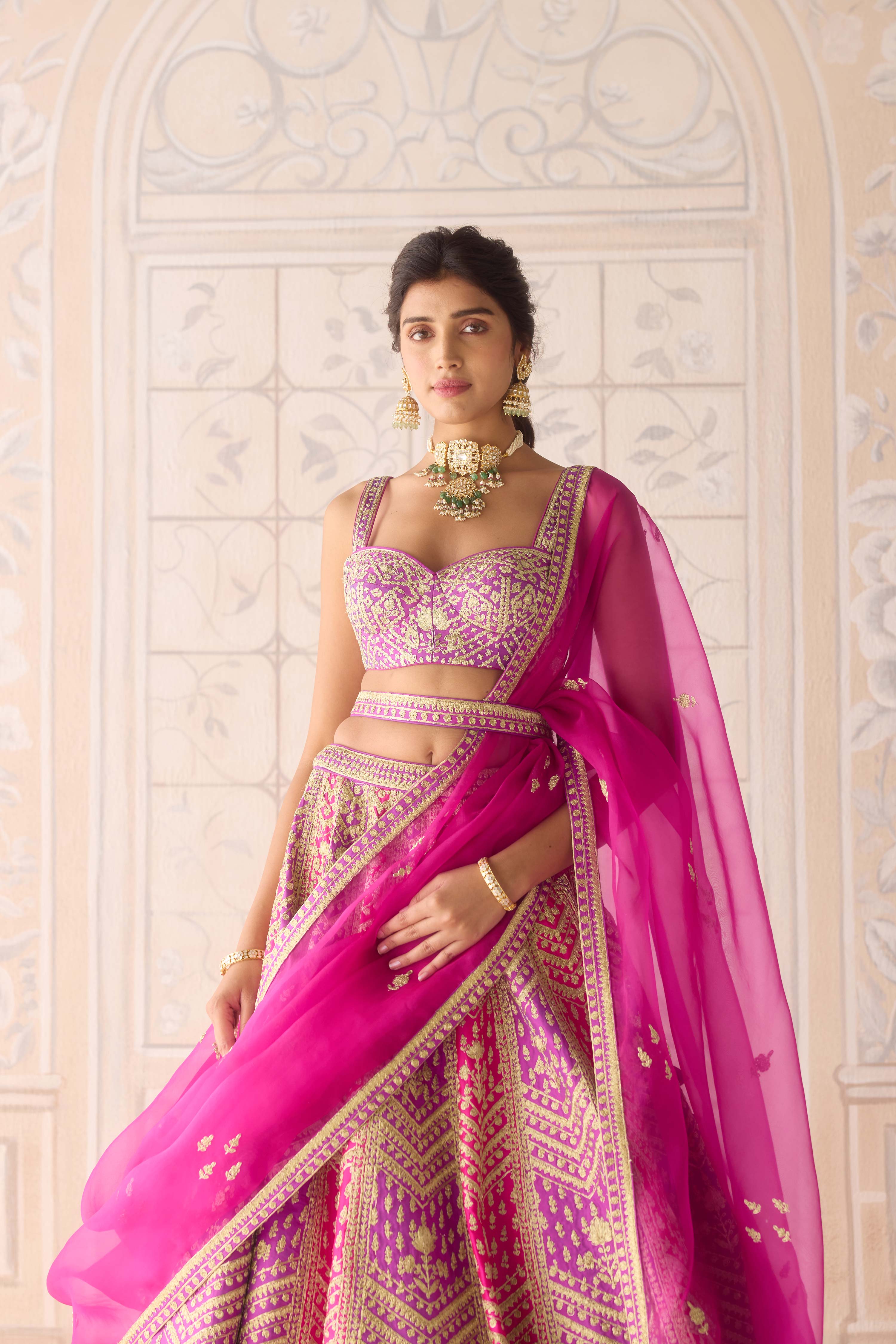 Raw silk purple pink gold dori embroidered lehenga set with organza dupatta