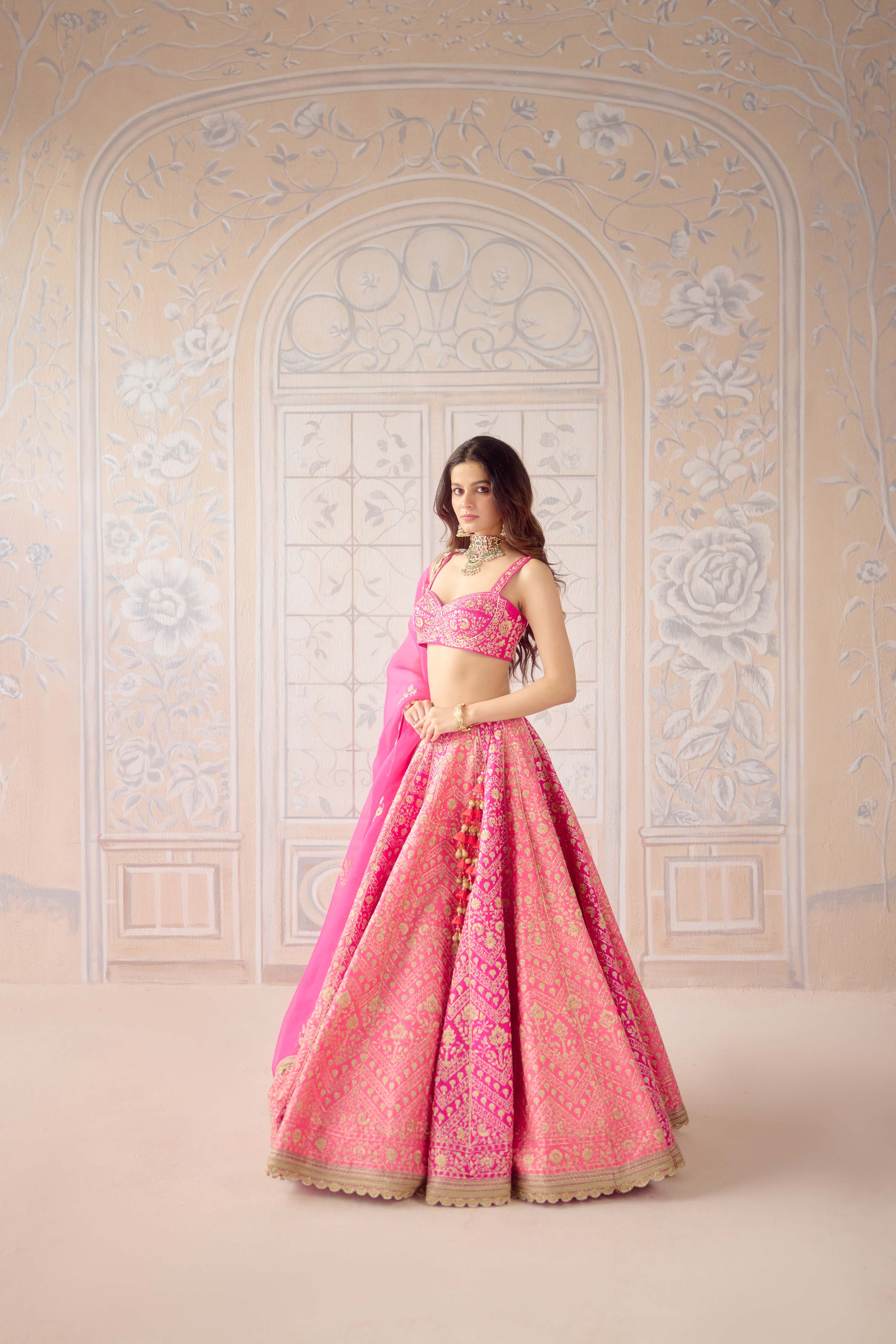 Raw silk coral pink gold dori embroidered lehenga set with organza dupatta
