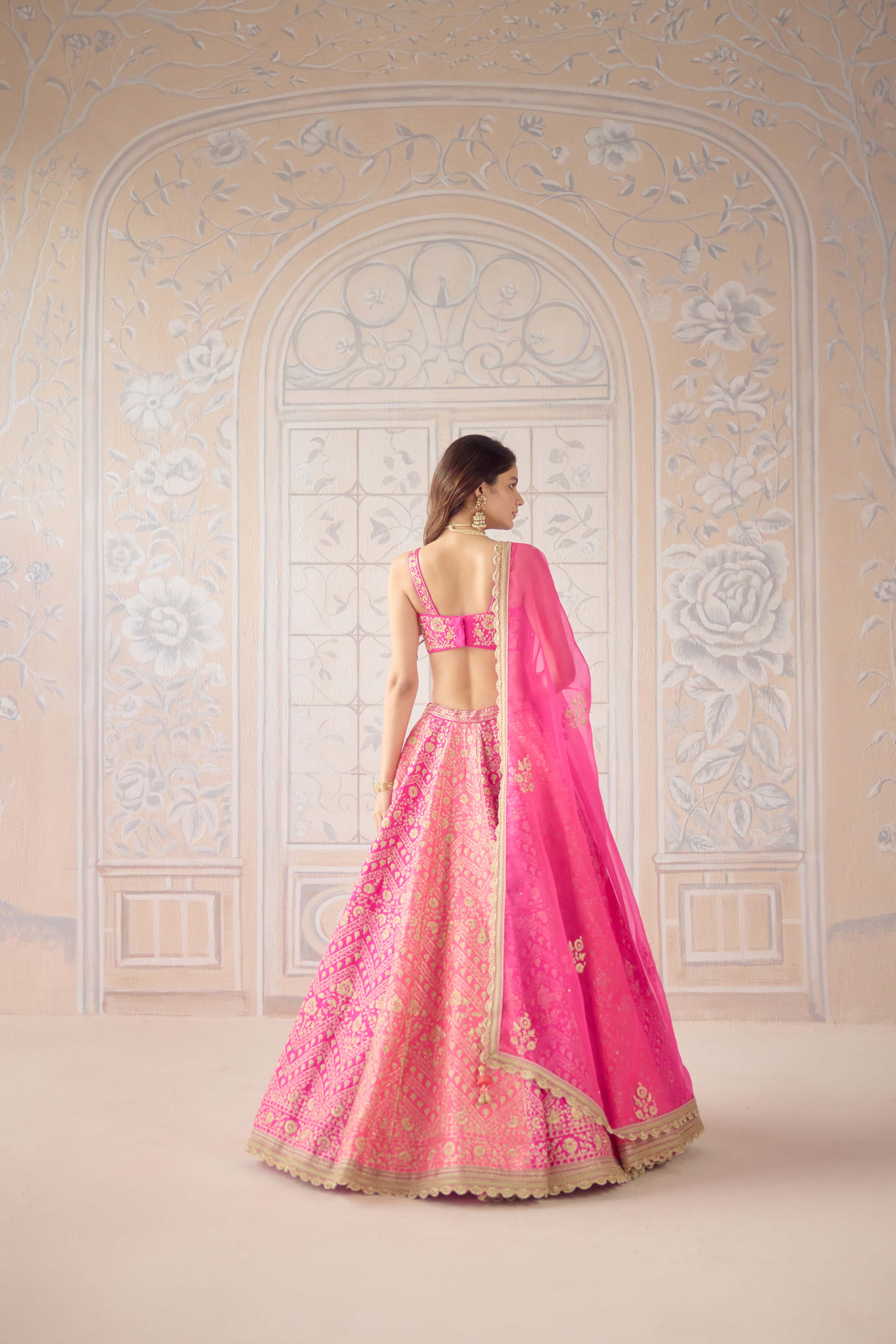 Raw silk coral pink gold dori embroidered lehenga set with organza dupatta