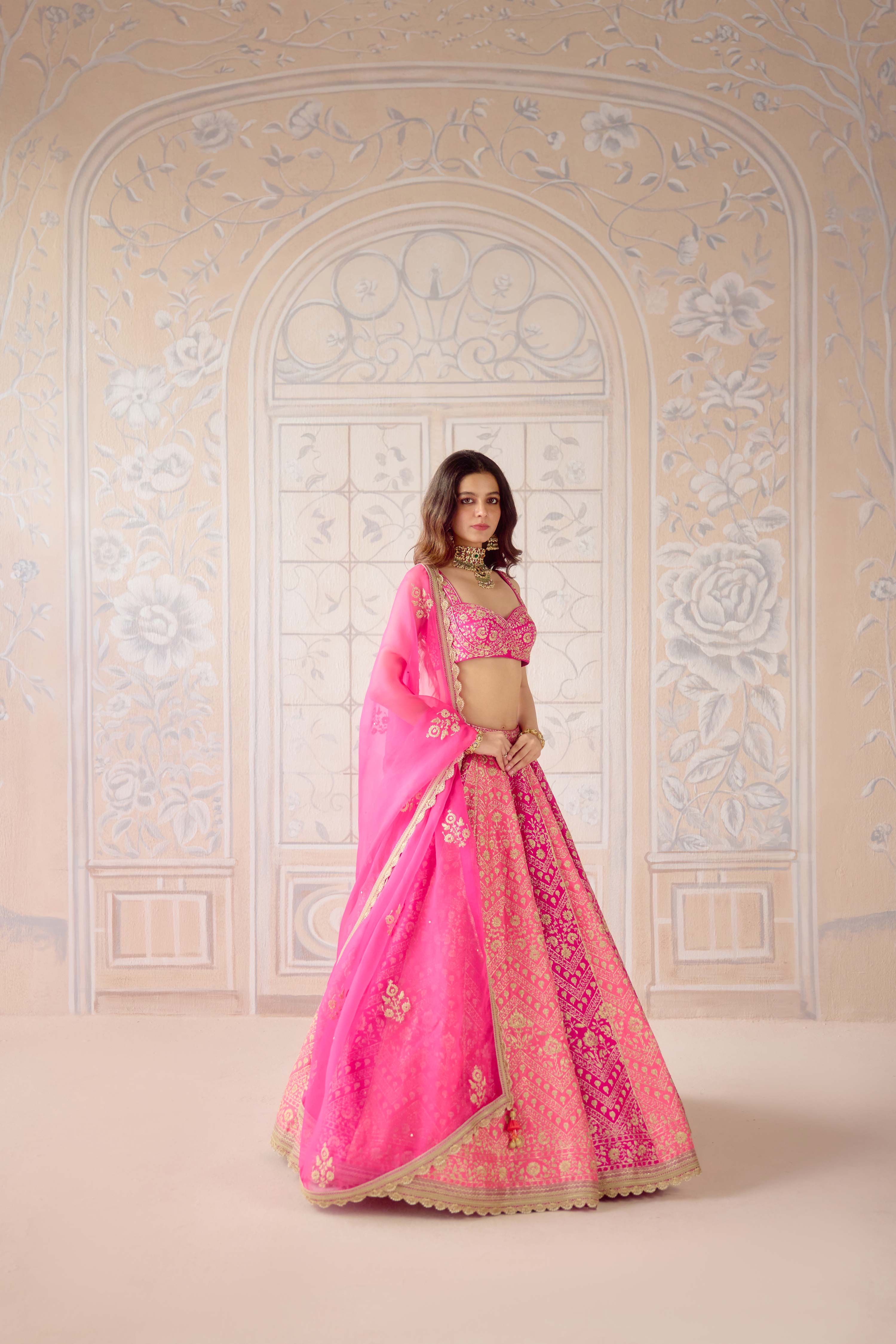 Raw silk coral pink gold dori embroidered lehenga set with organza dupatta