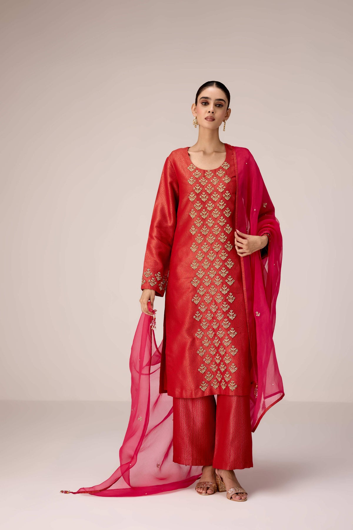 Brick red zardozi embroidered kurta pants set