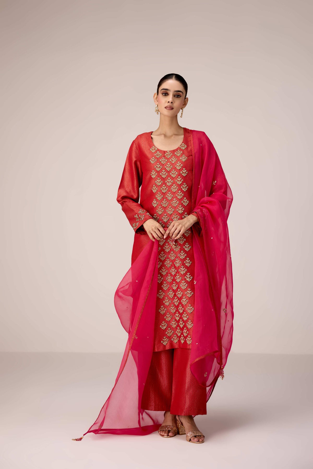 Brick red zardozi embroidered kurta pants set