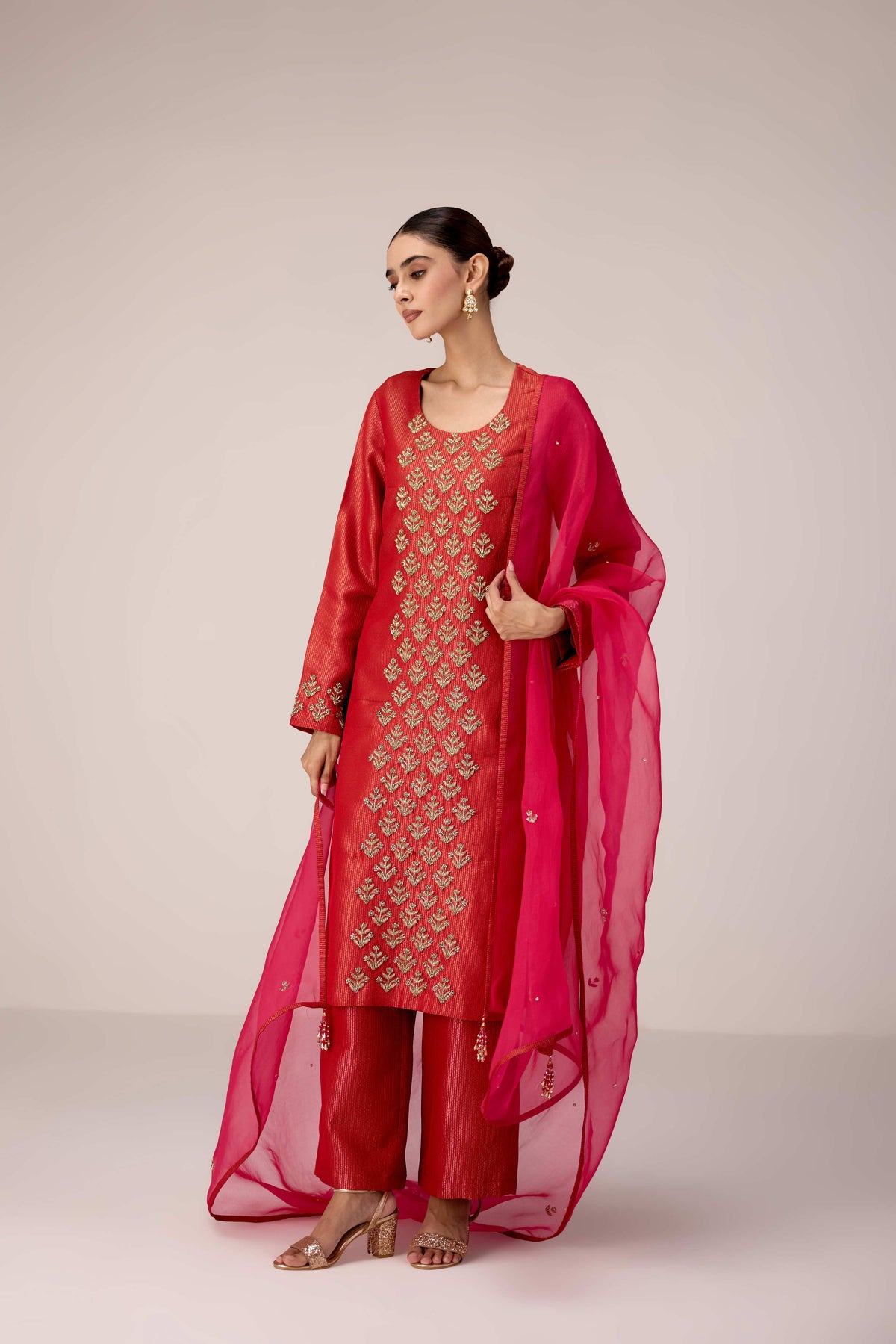 Brick red zardozi embroidered kurta pants set
