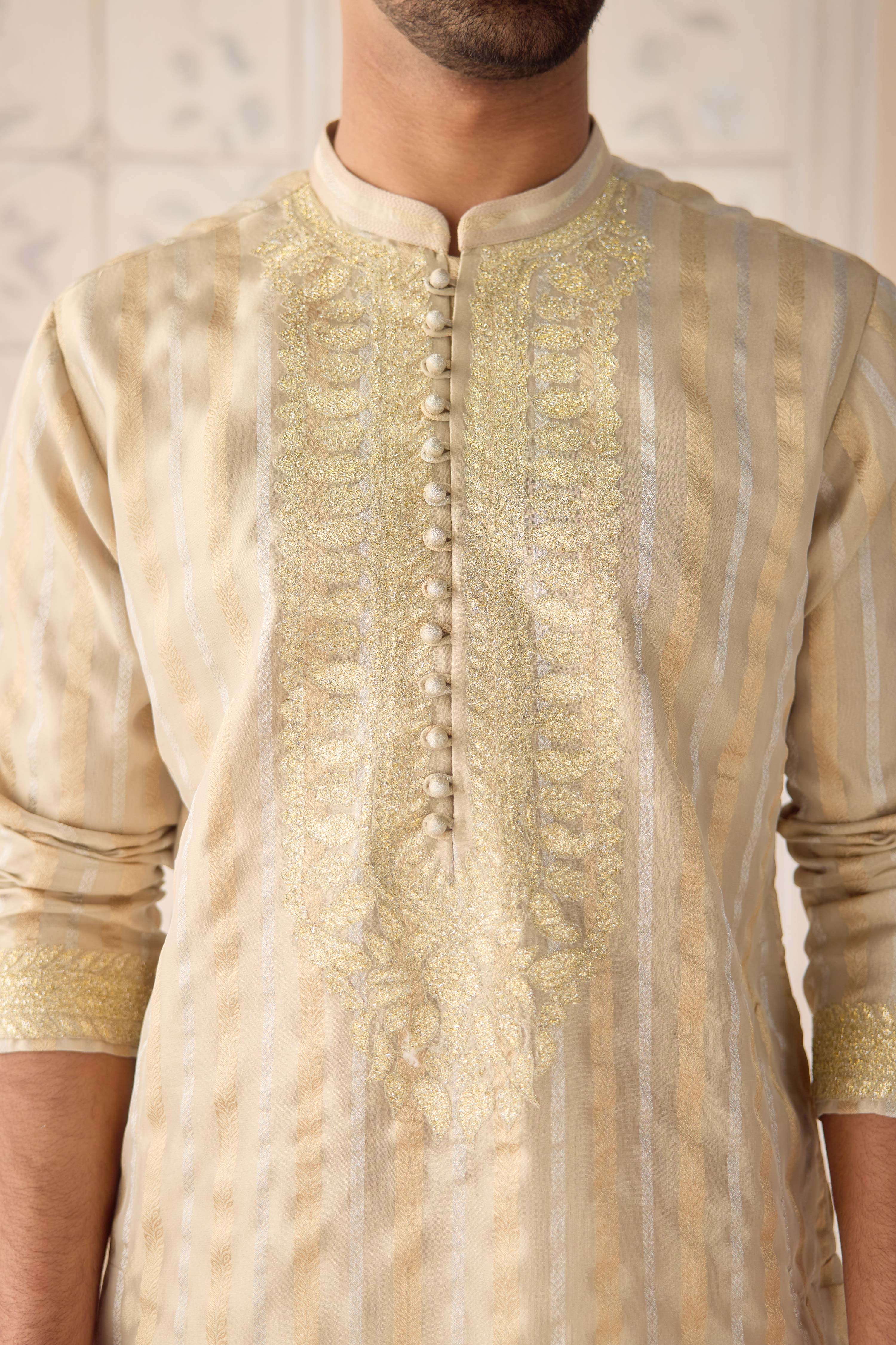 Oyster gray metallic organza silk brocade kurta set with gold applique embroidery and thread work