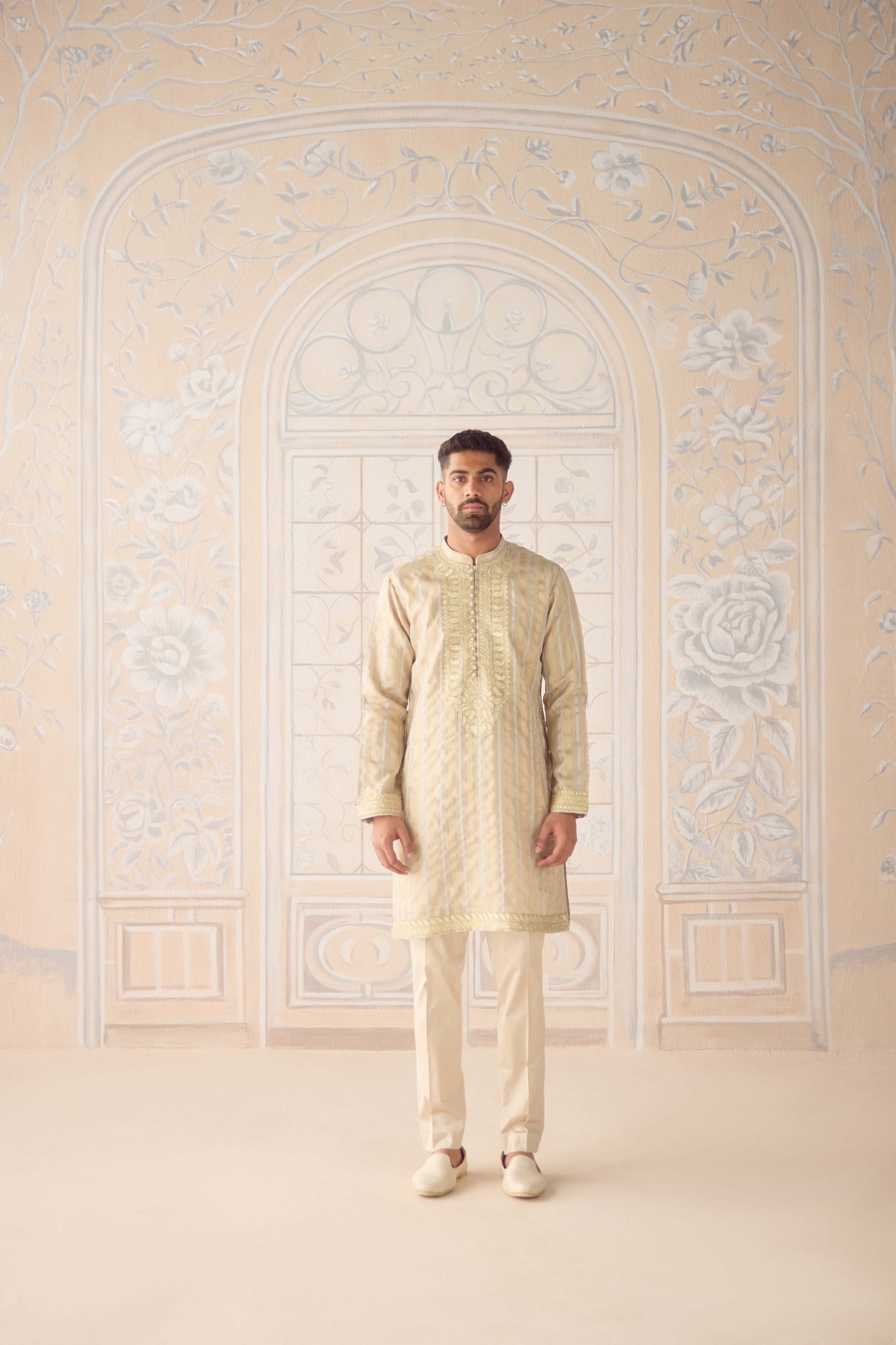 Oyster gray metallic organza silk brocade kurta set with gold applique embroidery and thread work