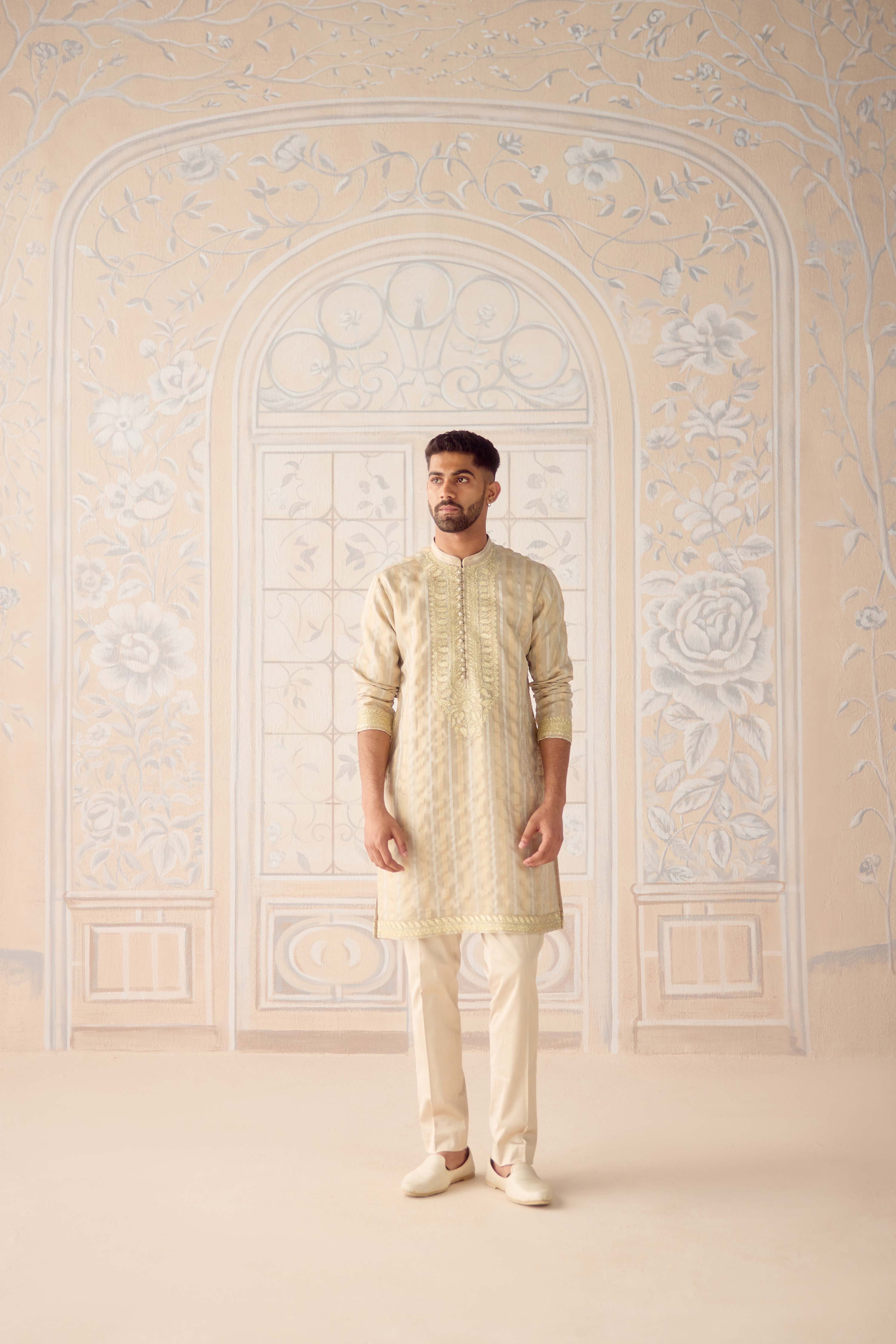 Oyster gray metallic organza silk brocade kurta set with gold applique embroidery and thread work