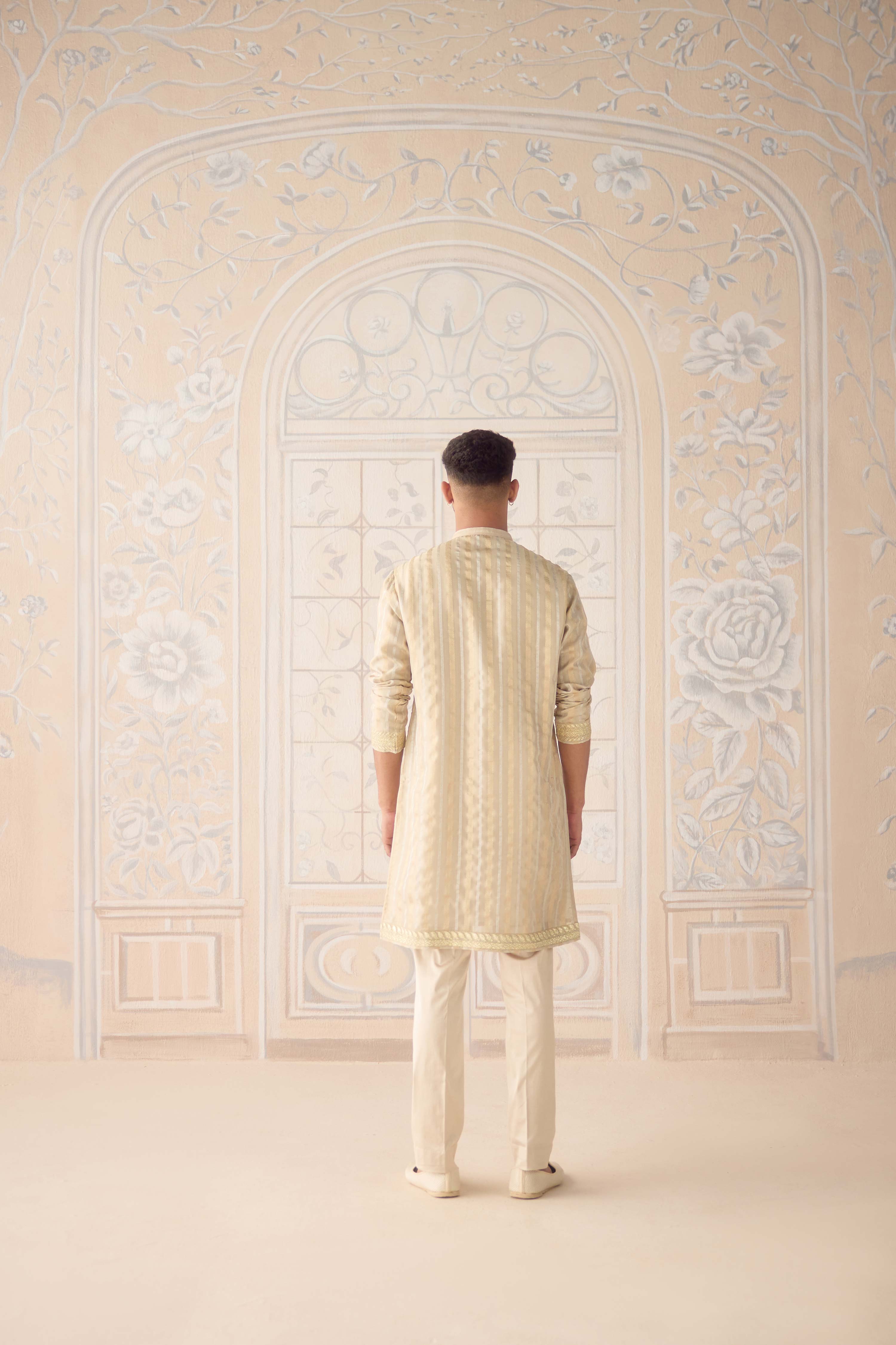 Oyster gray metallic organza silk brocade kurta set with gold applique embroidery and thread work