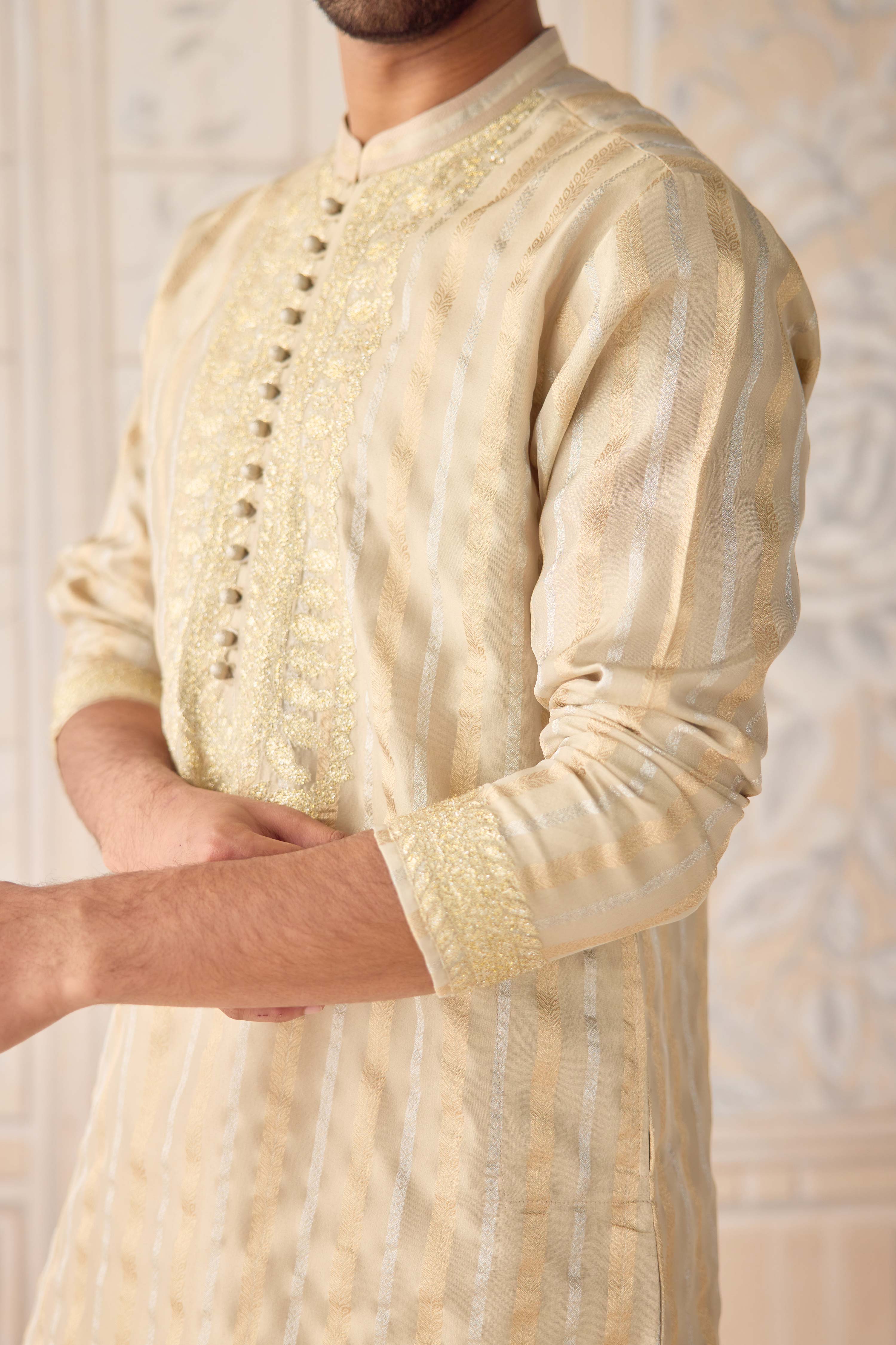 Oyster gray metallic organza silk brocade kurta set with gold applique embroidery and thread work