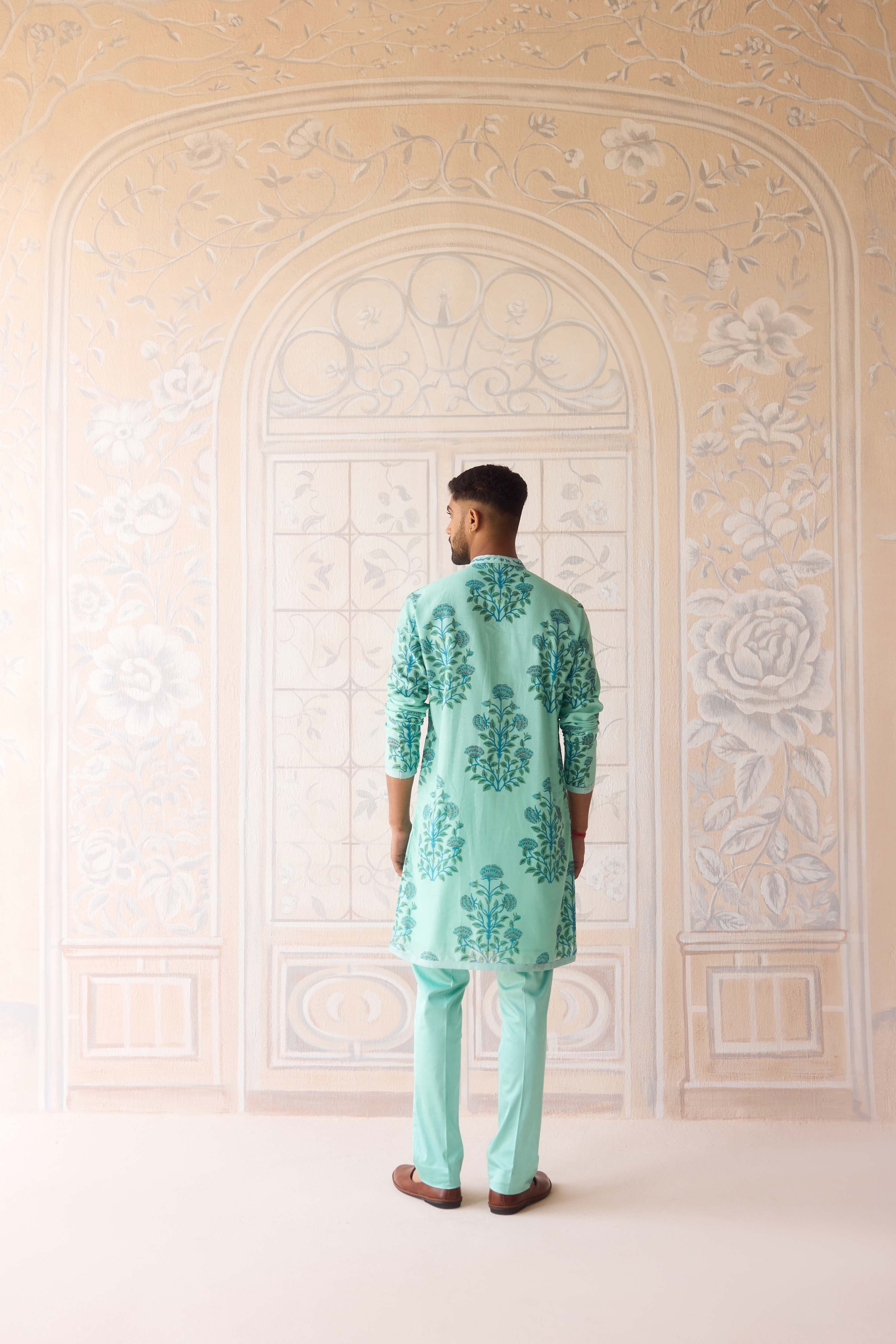 Plume blue hand block printed chanderi kurta with dori quilted dola silk waist coat