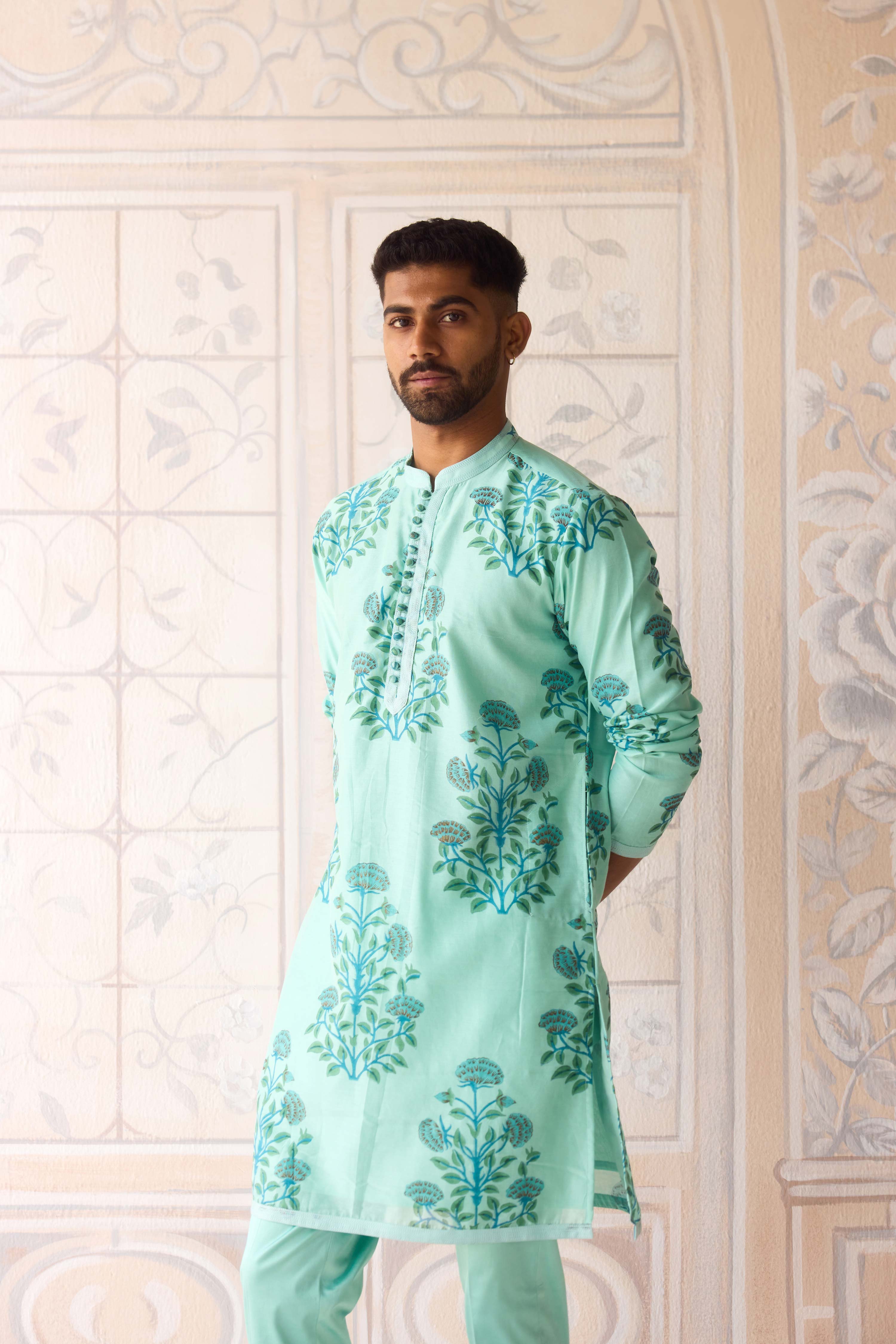 Plume blue hand block printed chanderi kurta with dori quilted dola silk waist coat