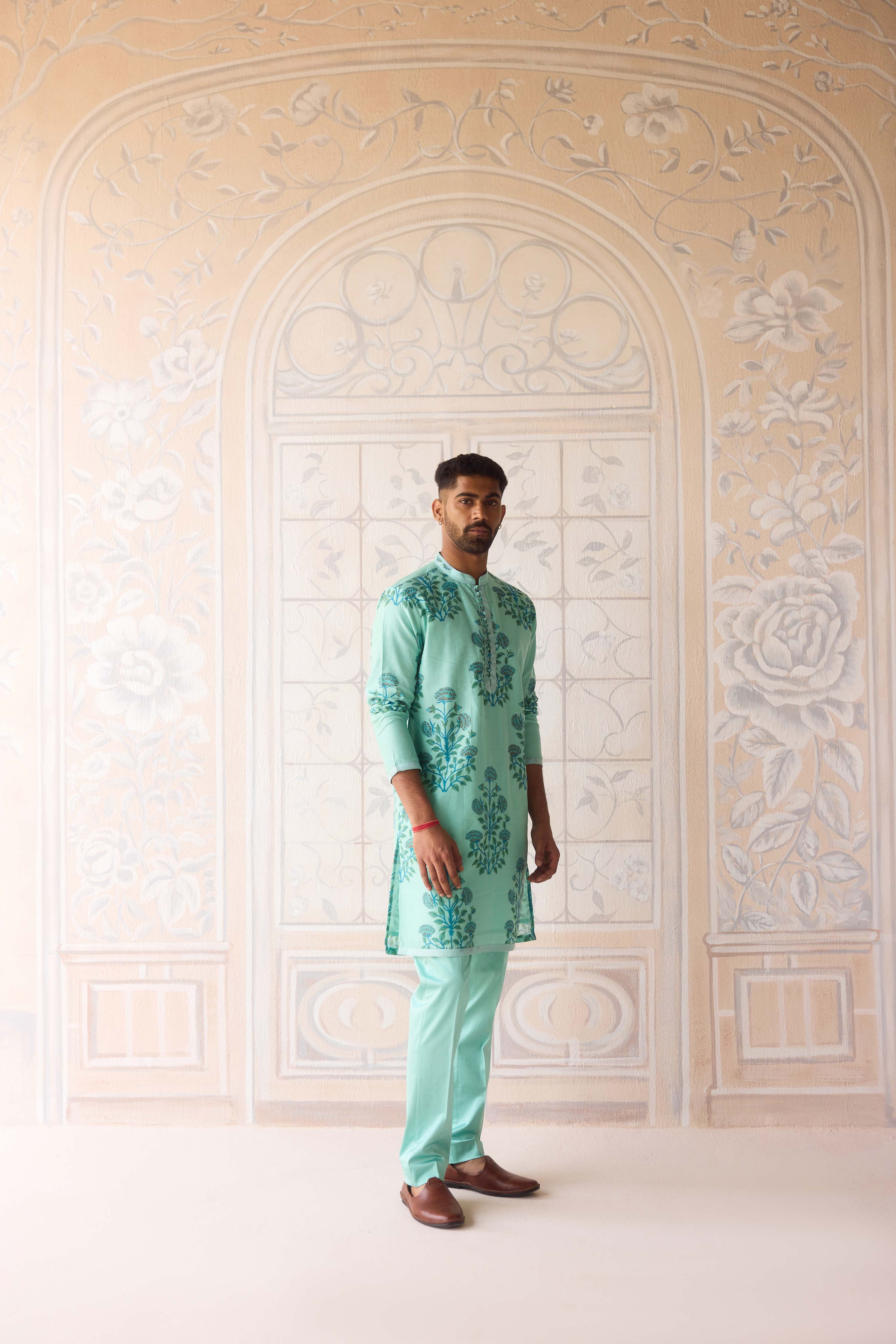 Plume blue hand block printed chanderi kurta with dori quilted dola silk waist coat