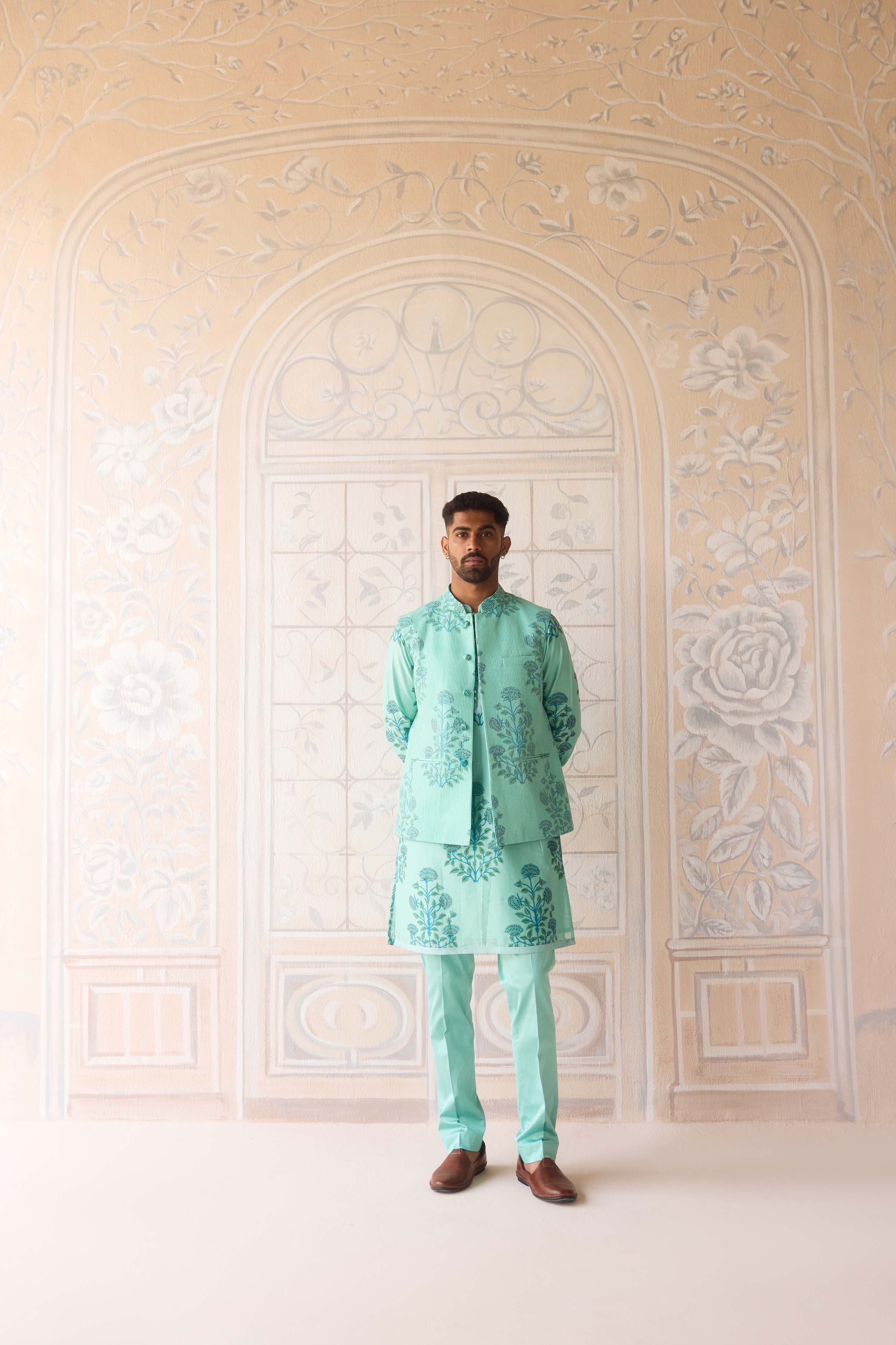 Plume blue hand block printed chanderi kurta with dori quilted dola silk waist coat