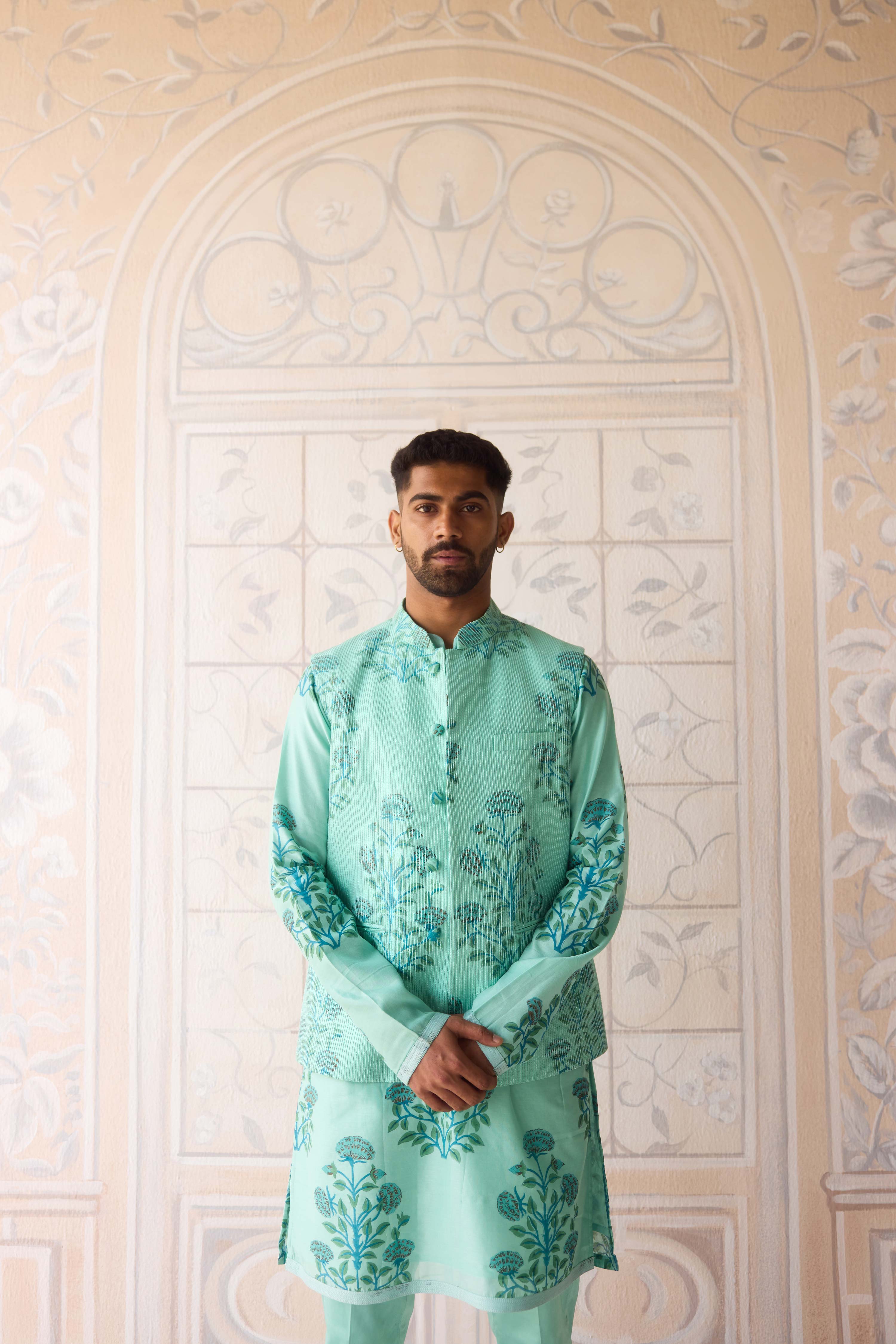 Plume blue hand block printed chanderi kurta with dori quilted dola silk waist coat