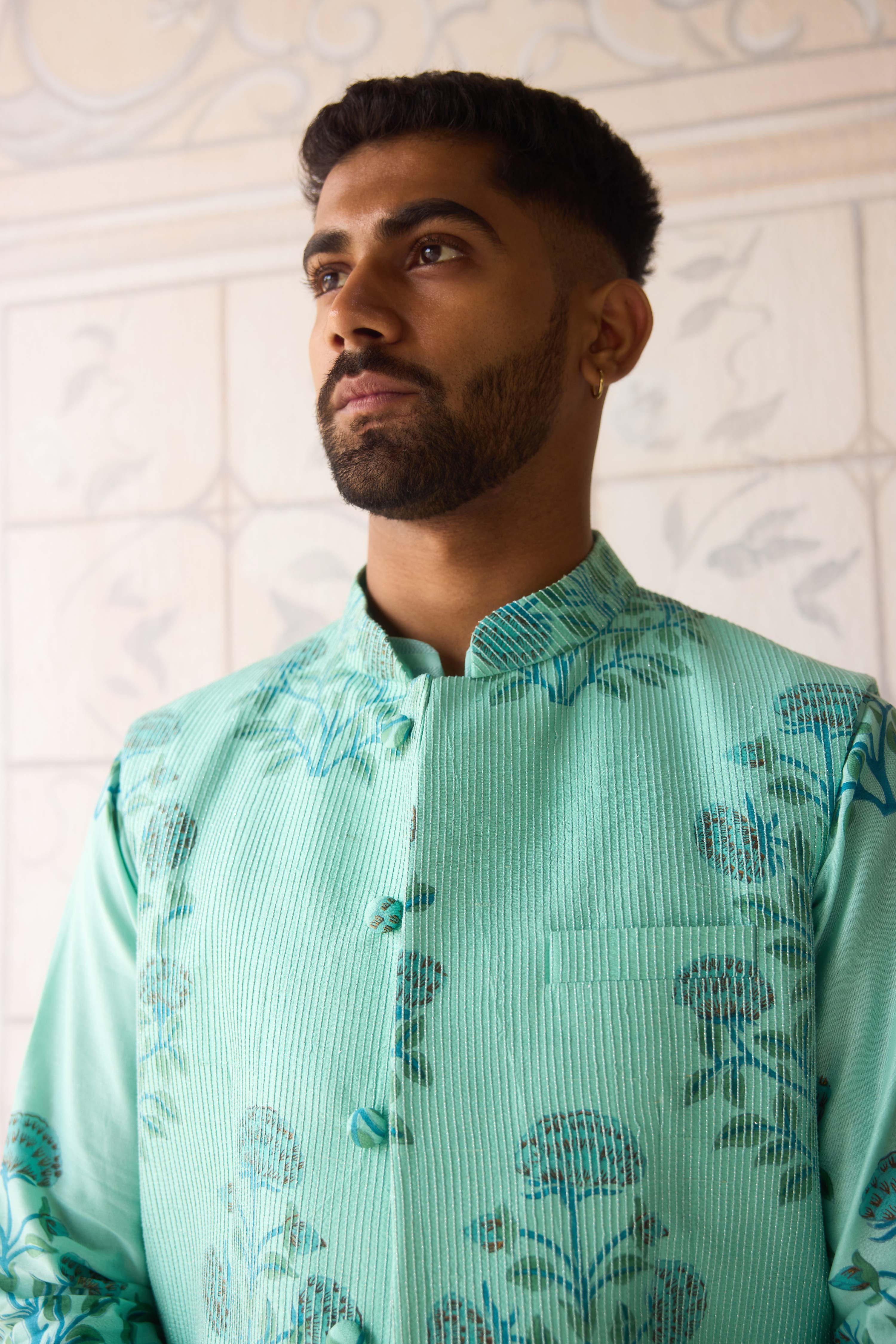 Plume blue hand block printed chanderi kurta with dori quilted dola silk waist coat