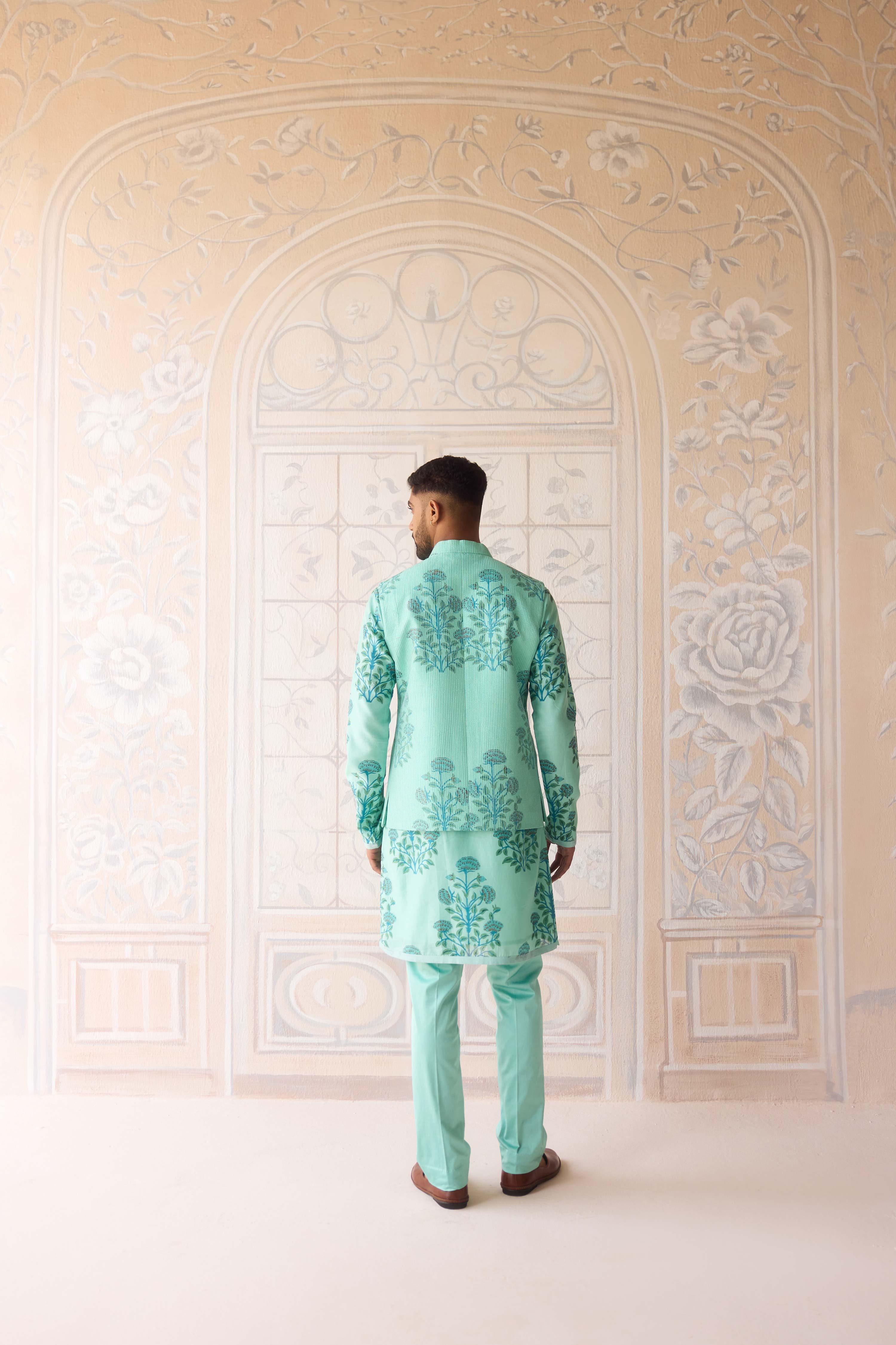 Plume blue hand block printed chanderi kurta with dori quilted dola silk waist coat