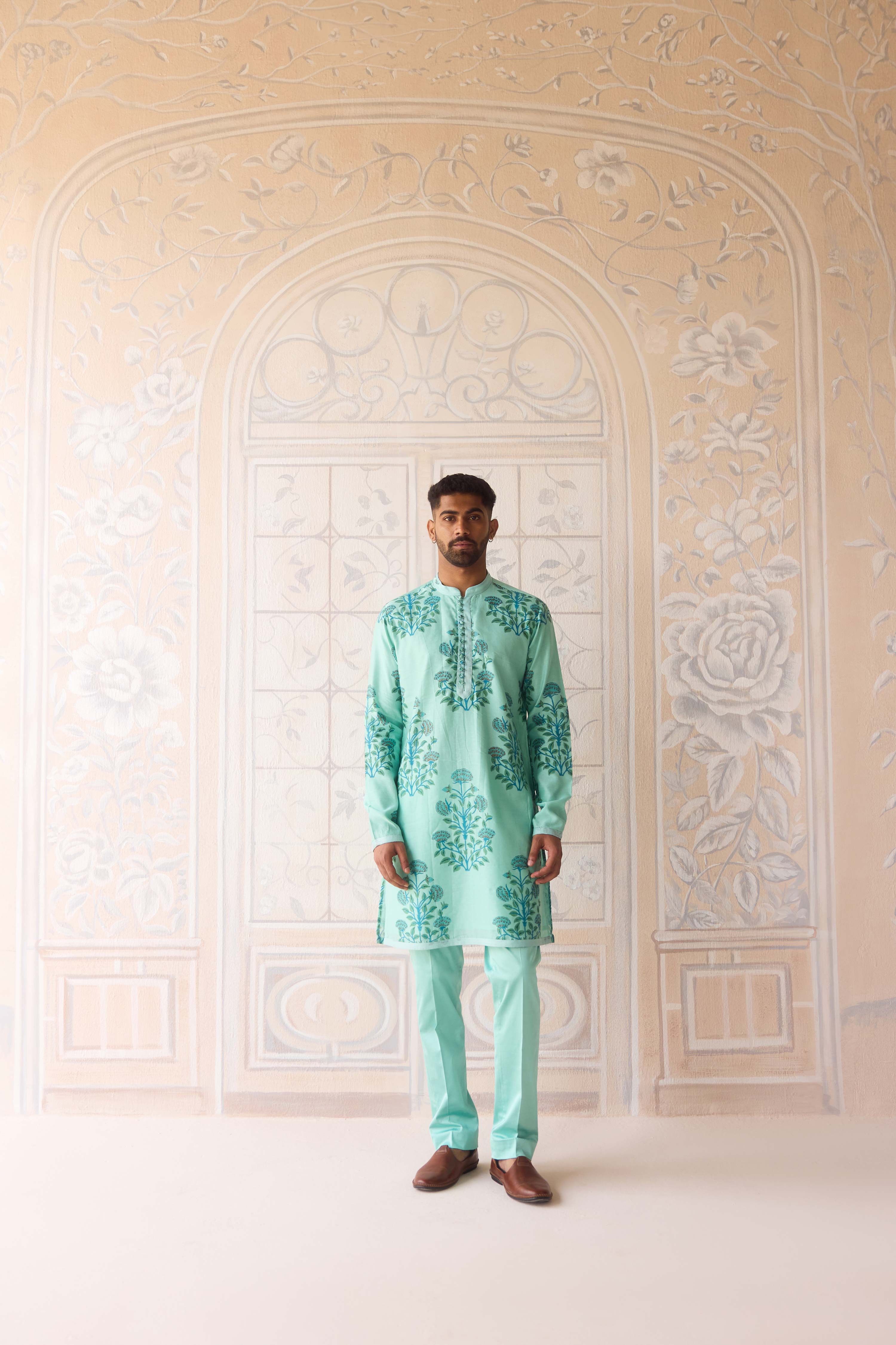 Plume blue hand block printed chanderi kurta with dori quilted dola silk waist coat