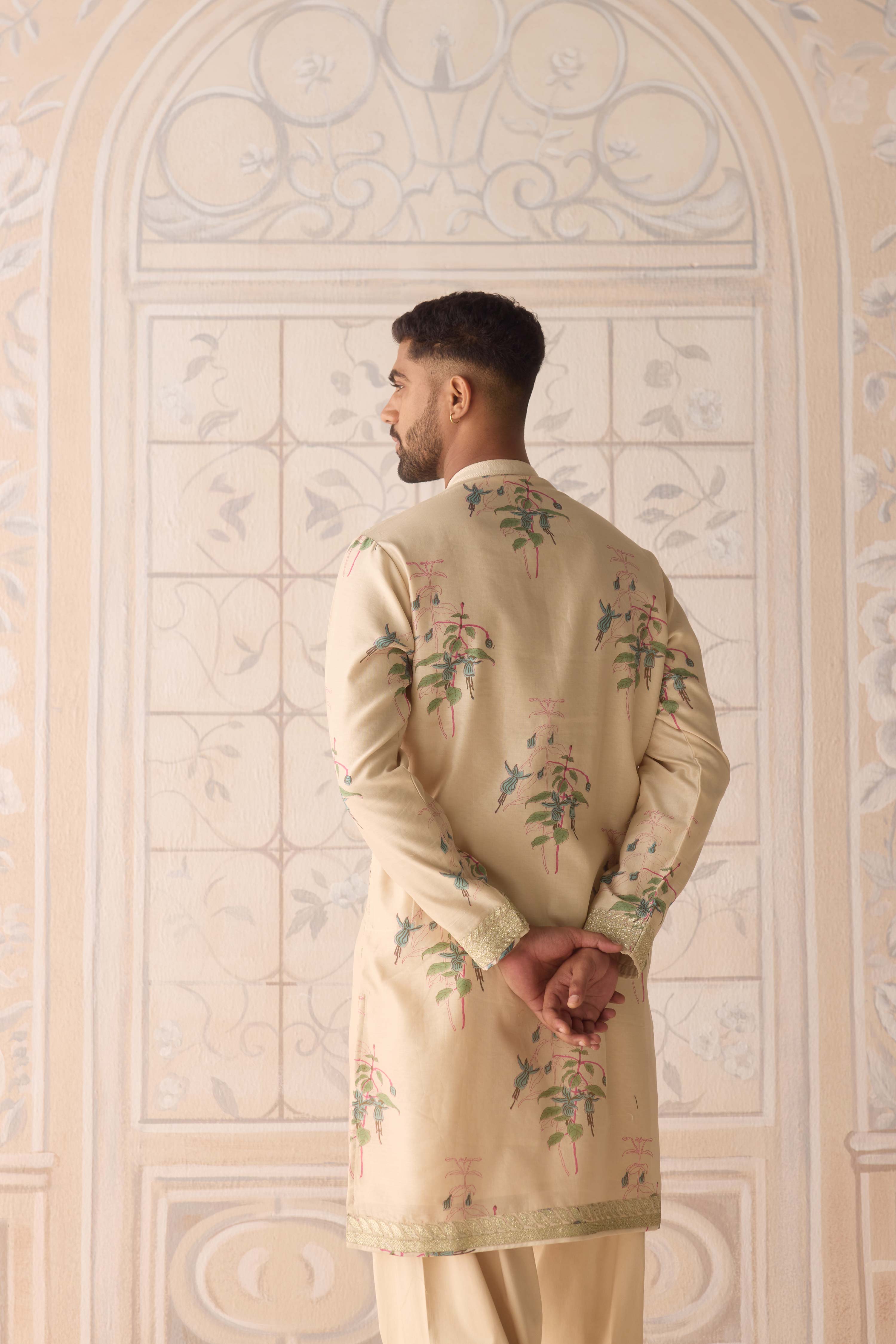 Sandshell neutral Hand block printed chanderi kurta with gold applique and thread embroidery paired with Jodhpuri pants