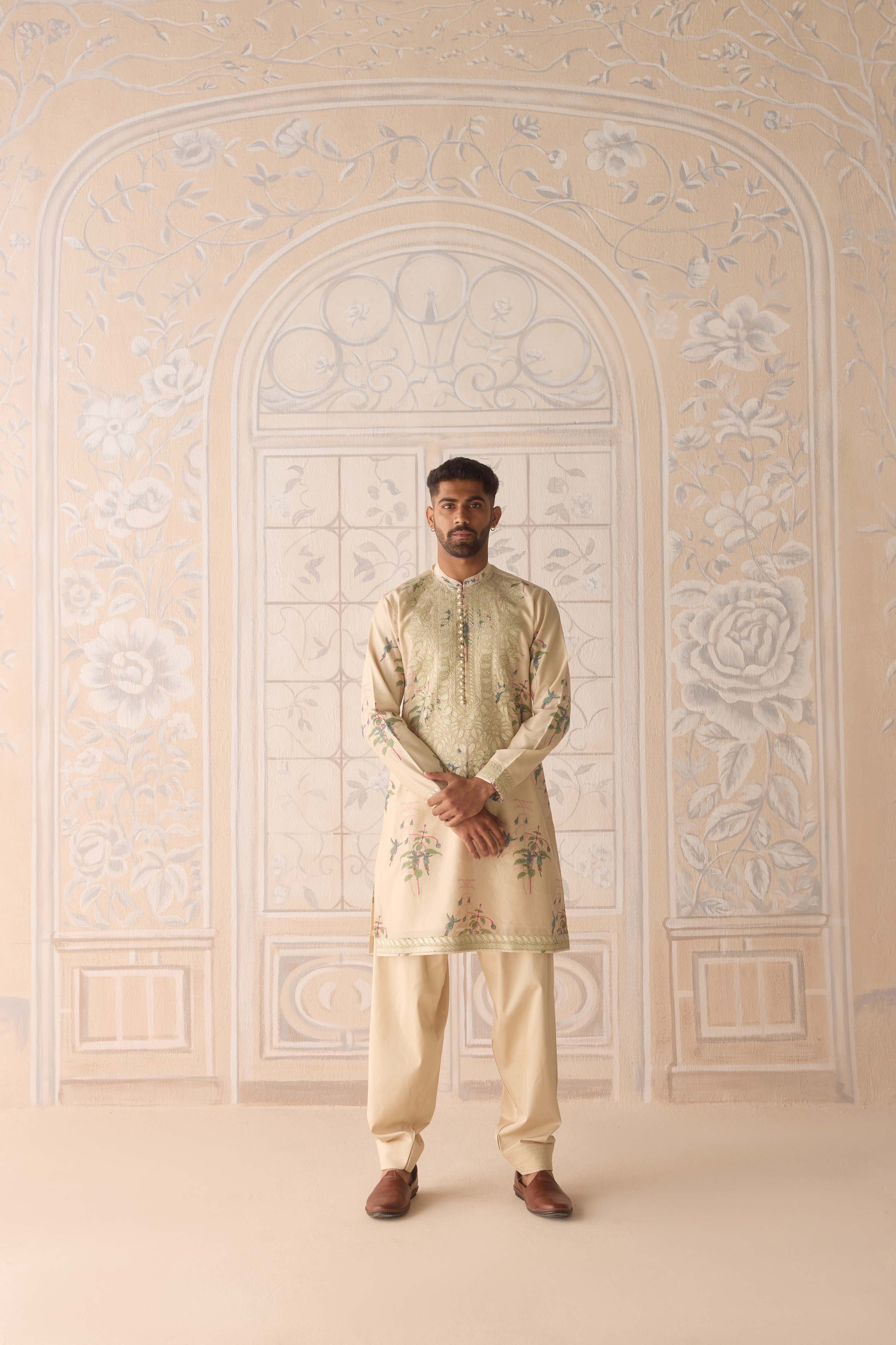 Sandshell neutral Hand block printed chanderi kurta with gold applique and thread embroidery paired with Jodhpuri pants
